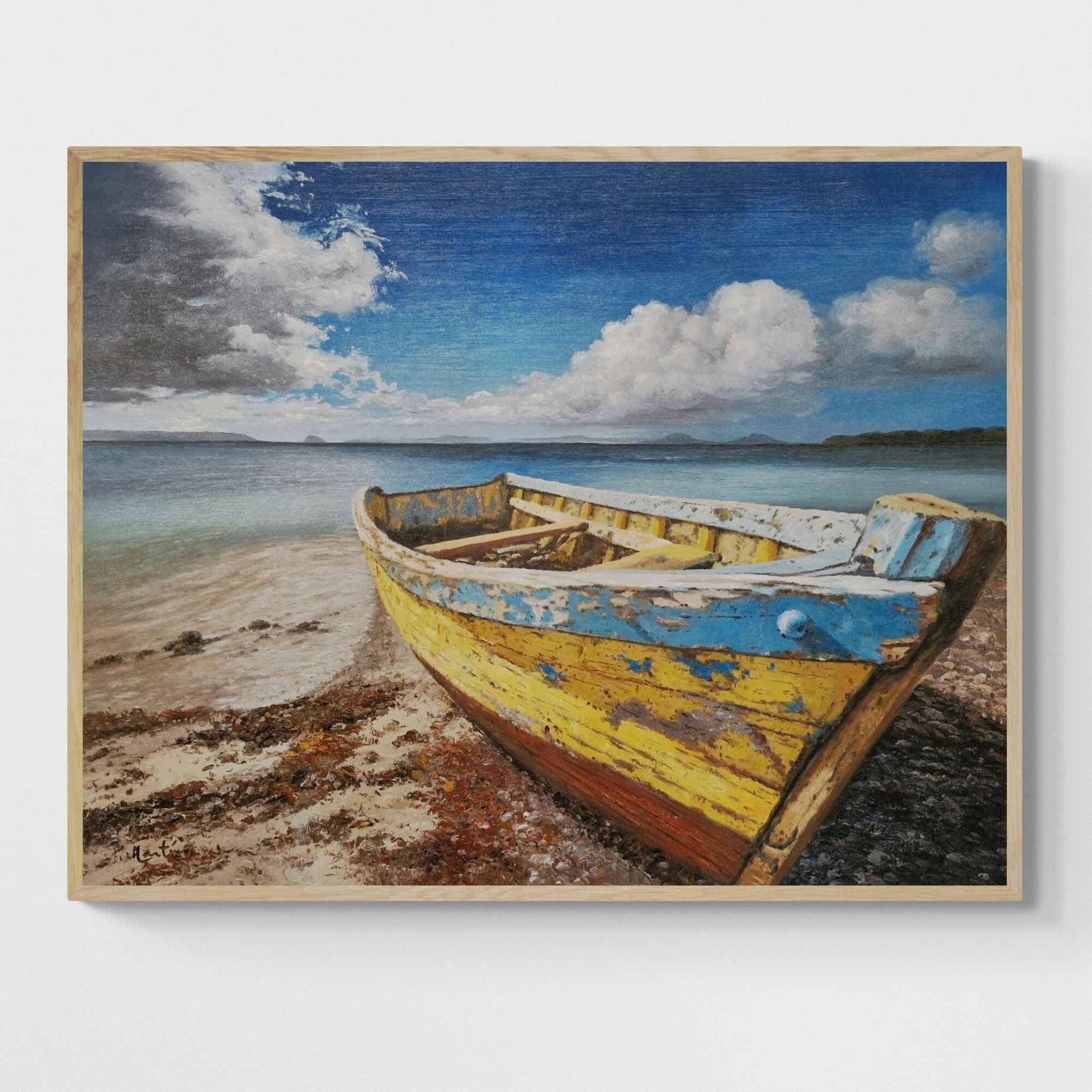 Cuadro pintado a mano de barca en la orilla