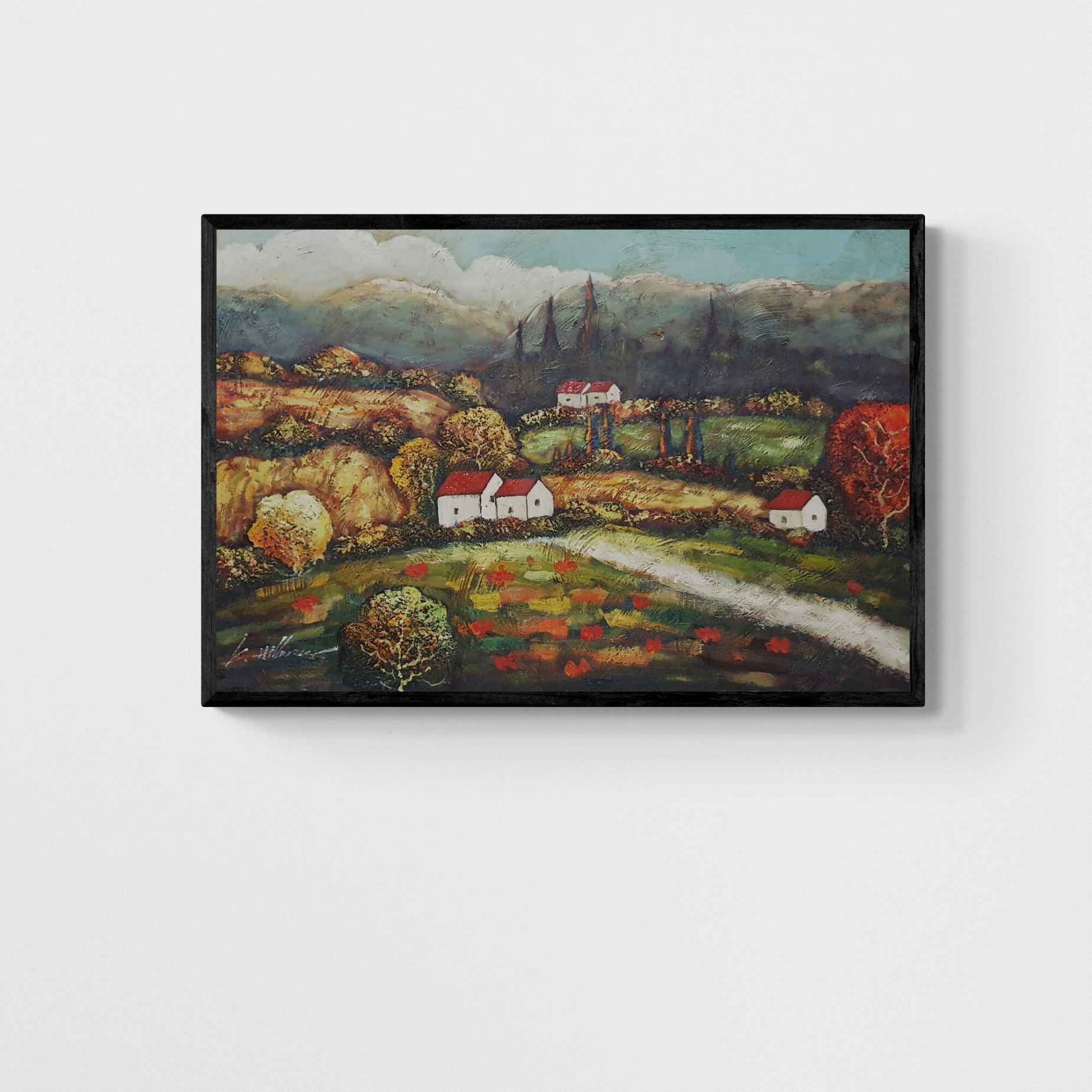 Cuadro pintado a mano de paisaje toscano con casas blancas