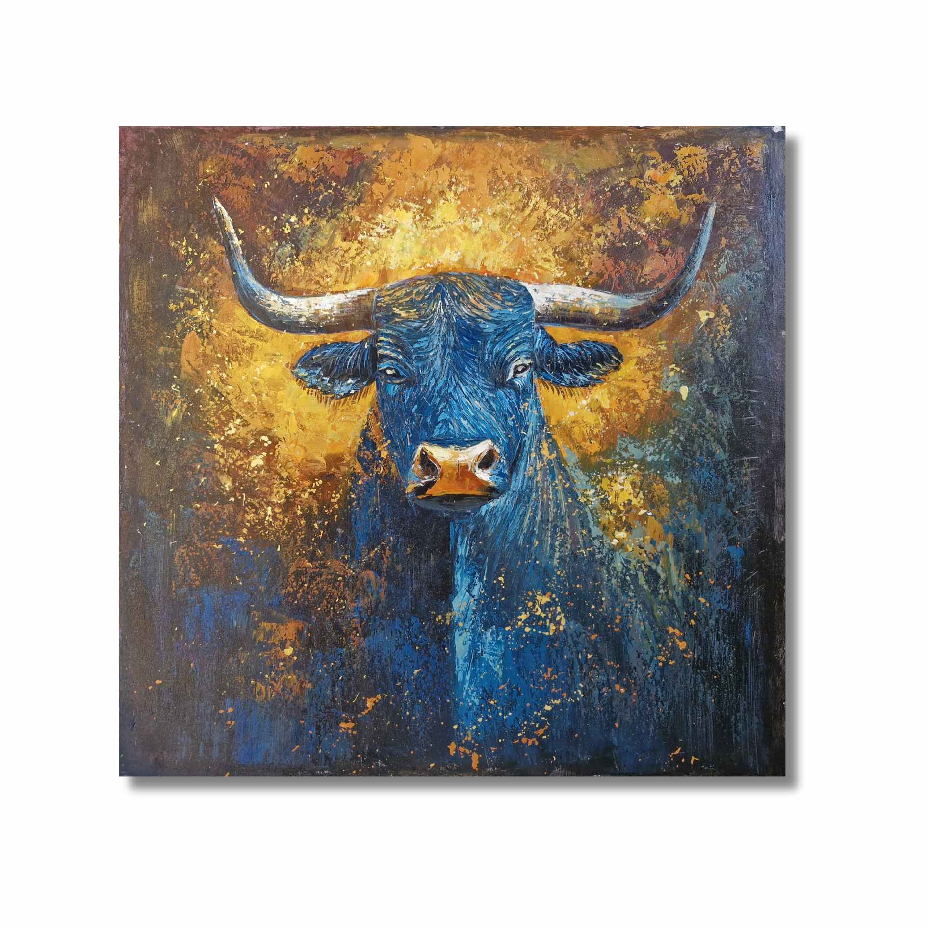 Oil Painting of a Blue Bull – Contemporary Art with Gold