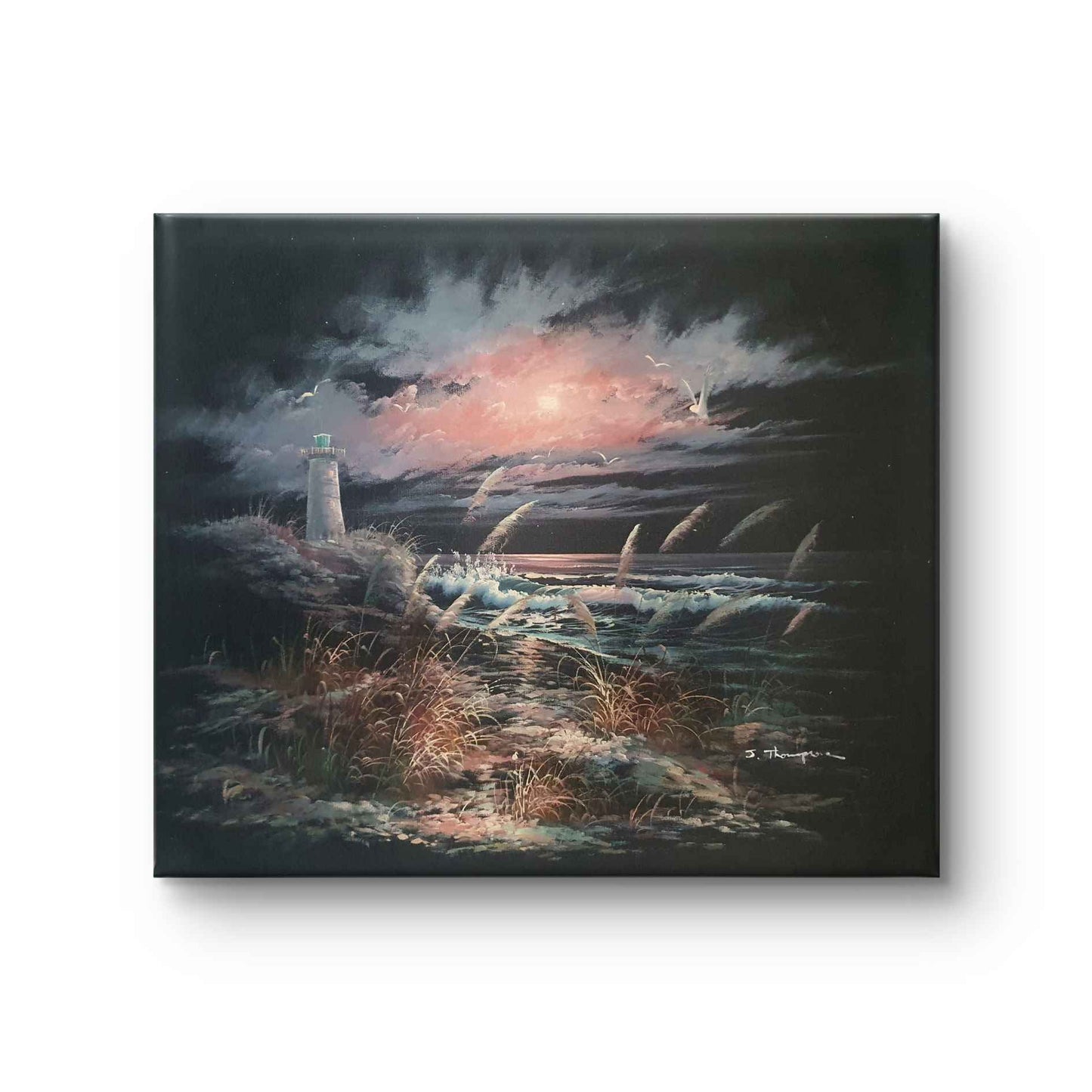 Cuadro de mar al atardecer con faro al fondo, gaviotas y olas hecho a mano con pinceladas coloridas