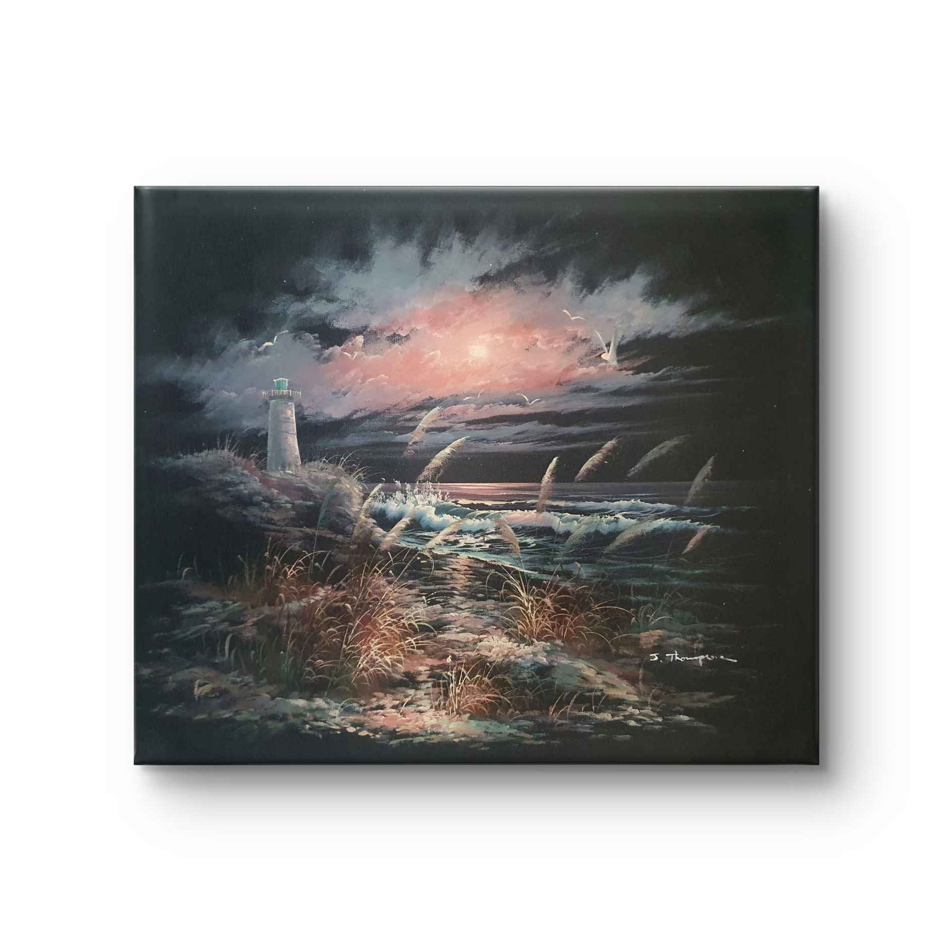 Cuadro de mar al atardecer con faro al fondo, gaviotas y olas hecho a mano con pinceladas coloridas