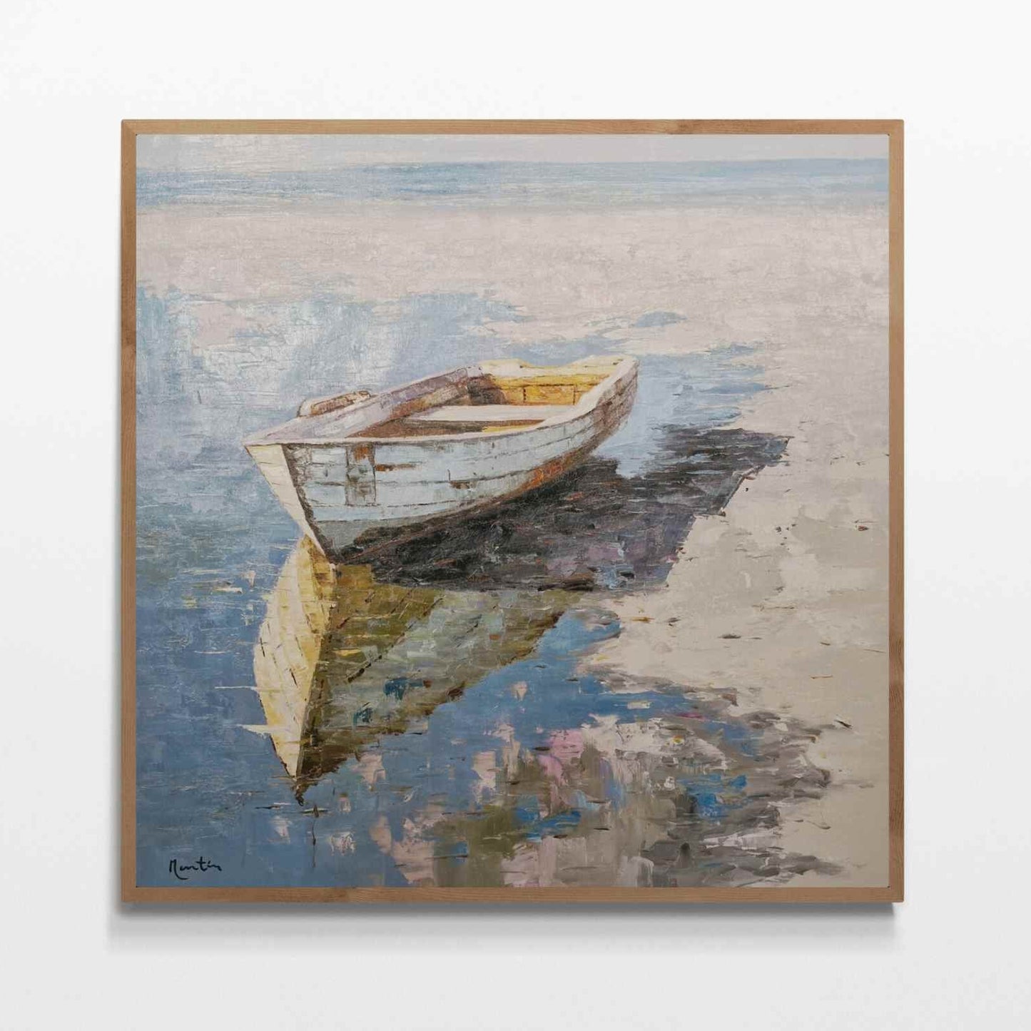 Cuadro al óleo hecho a mano “Barca en reposo” en salón minimalista
