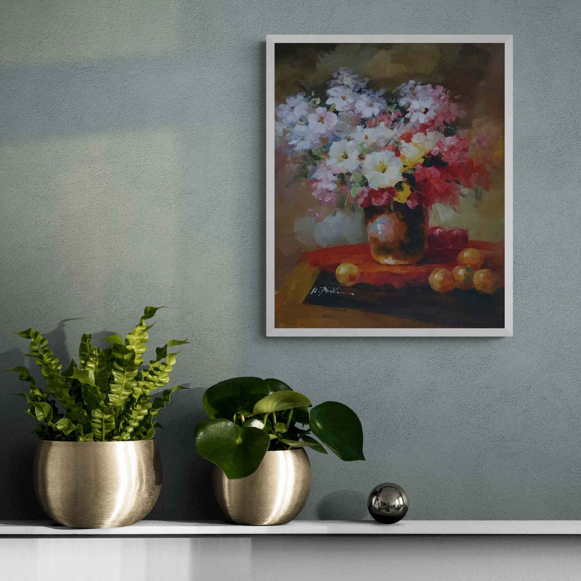 Pintura al óleo sobre lienzo de ramo floral decorativo para salón