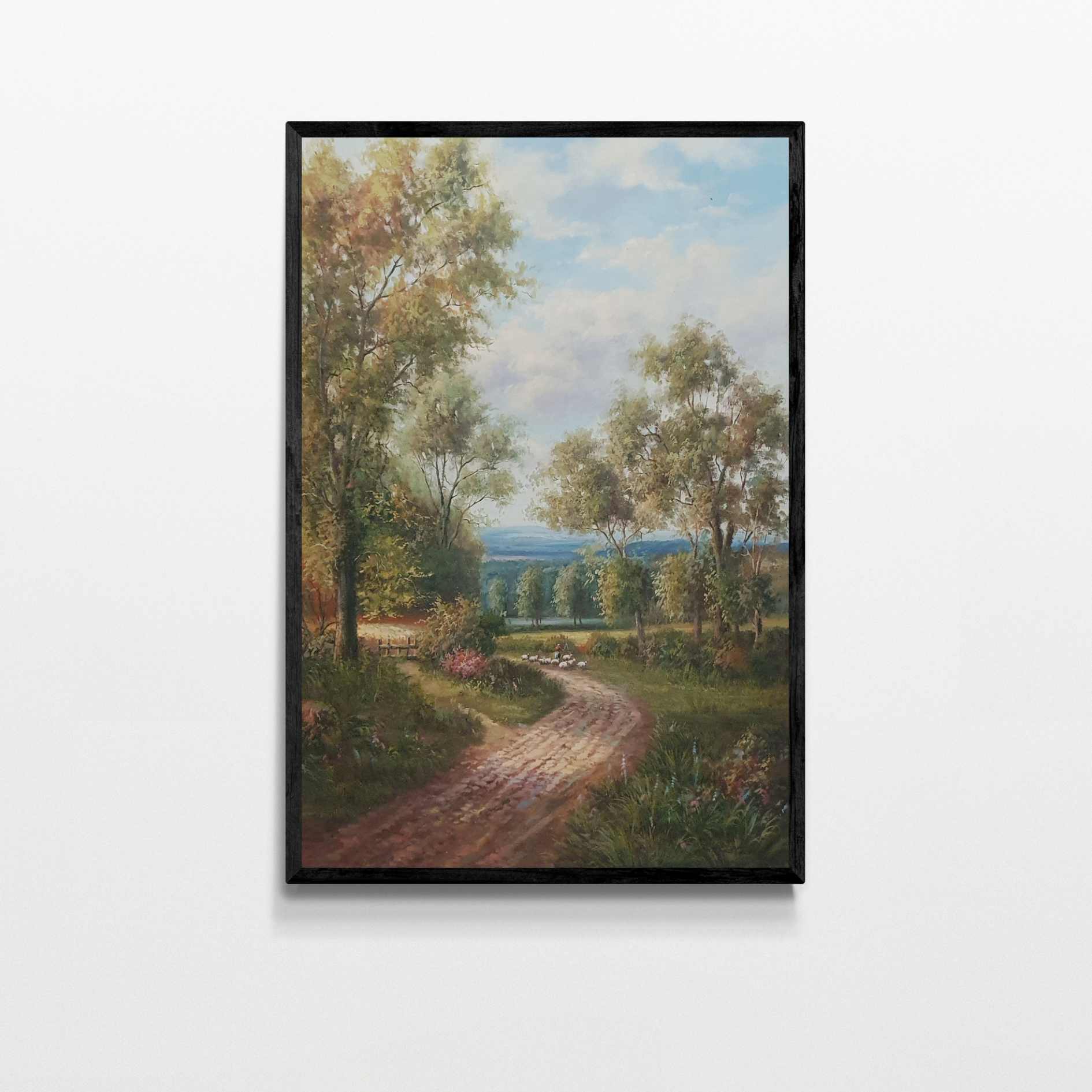 Cuadro de paisaje al oleo pintado a mano con camino y arboles