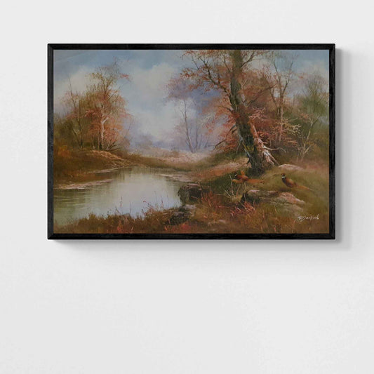 Cuadro al óleo pintado a mano con faisanes y paisaje otoñal