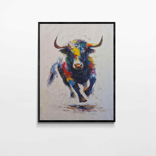 Cuadro al óleo de toro en movimiento pintado con espátula