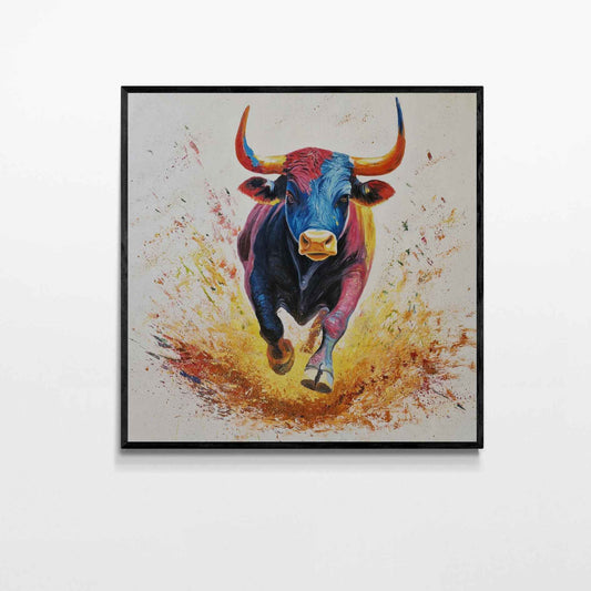 Cuadro pintado a mano de toro en movimiento con colores intensos