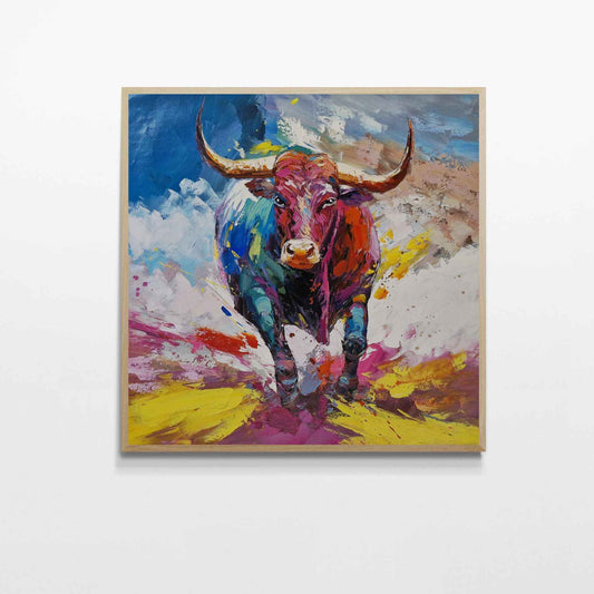 Cuadro de toro corriendo en colores vivos y fondo abstracto