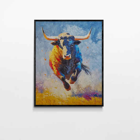 Cuadro al óleo de toro saltando con estilo expresionista