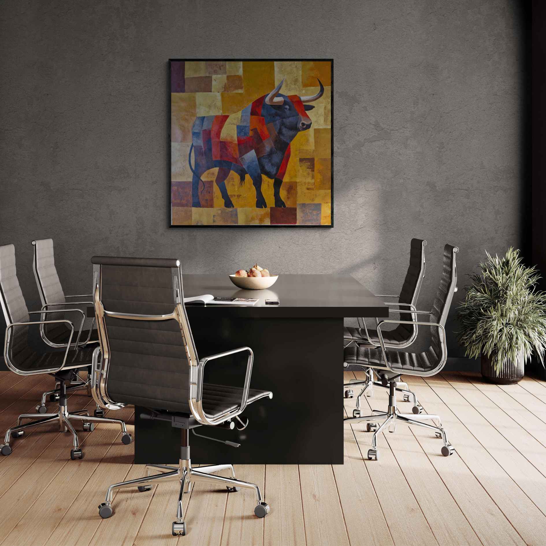 Obra al oleo de toro sobre fondo calido