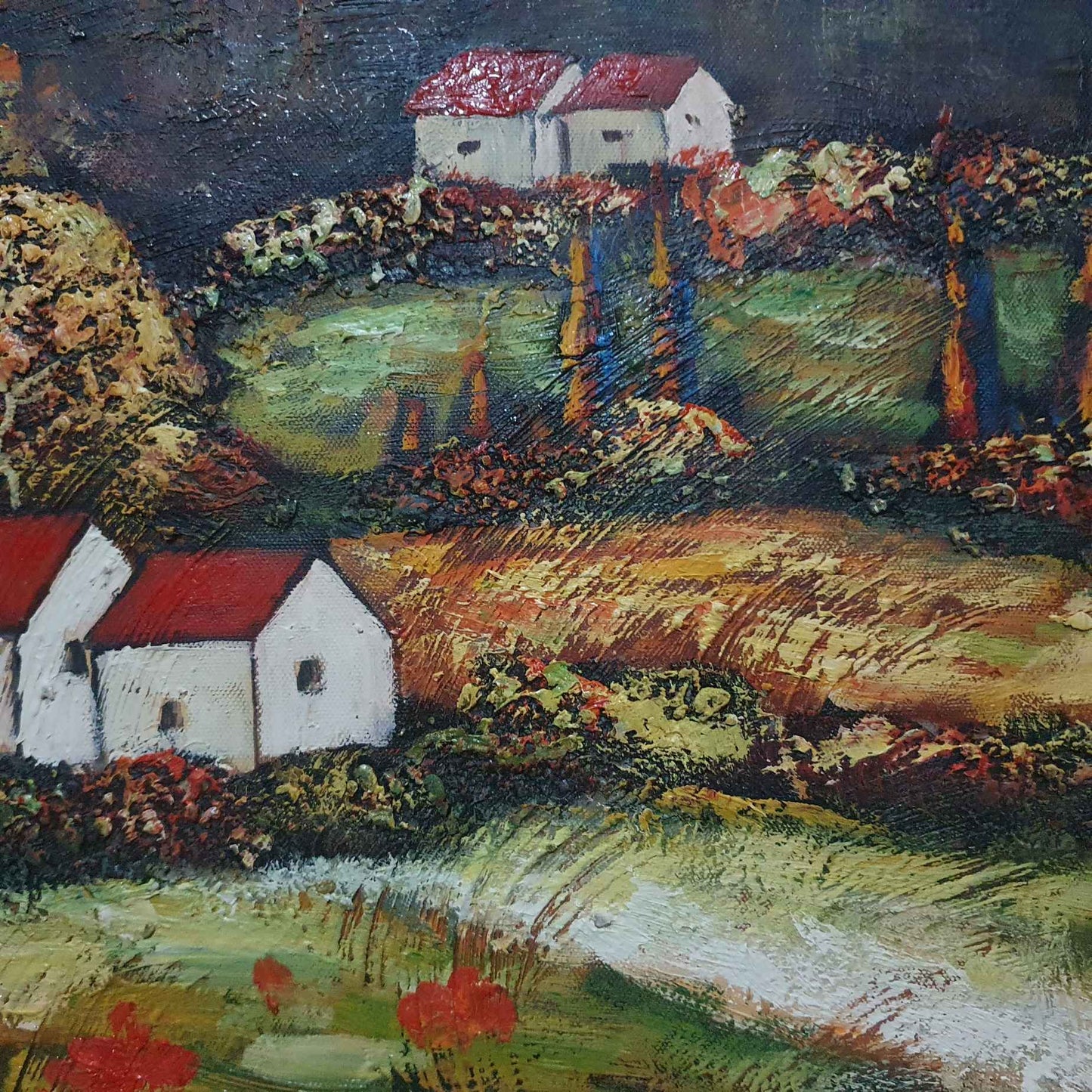 Cuadro rústico con casas pequeñas y campos floridos