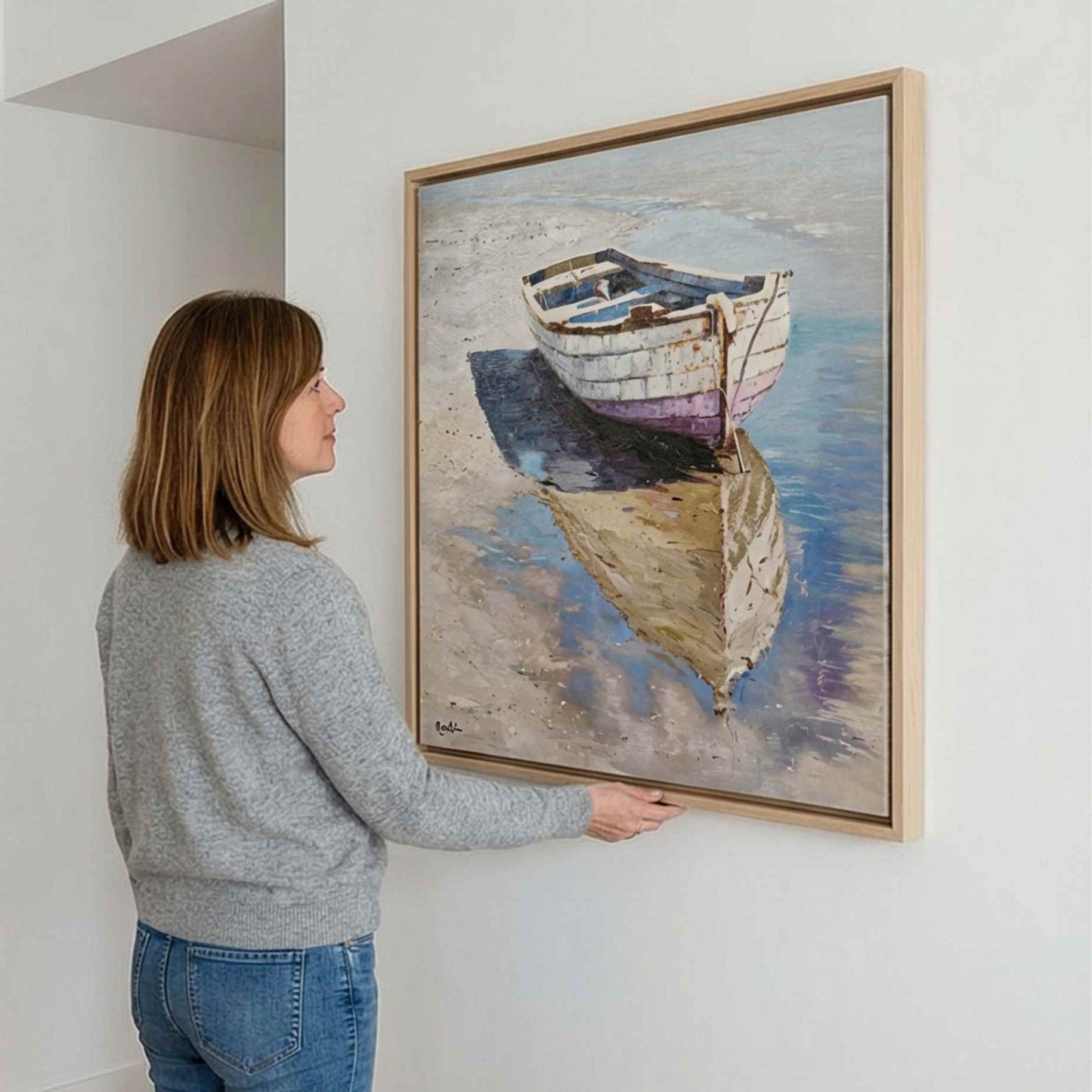 Primer plano de pinceladas al óleo en cuadro marítimo