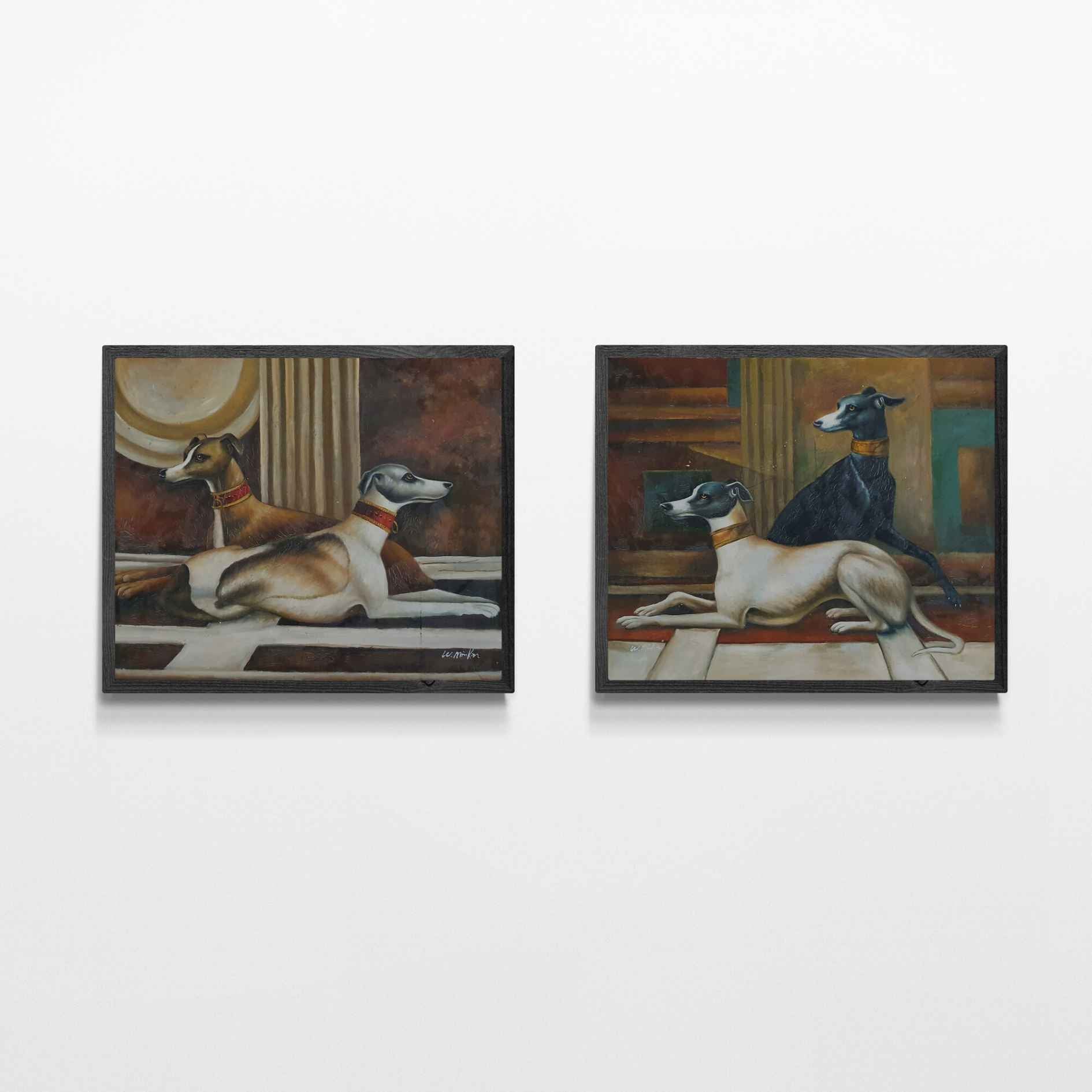 Cuadro al óleo de galgos pintados a mano