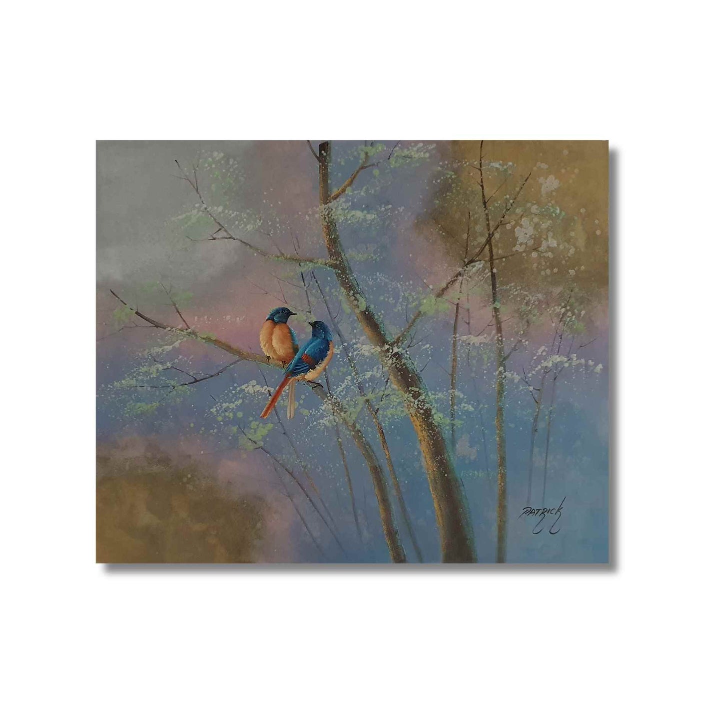 Pintura al oleo con aves en paisaje brumoso