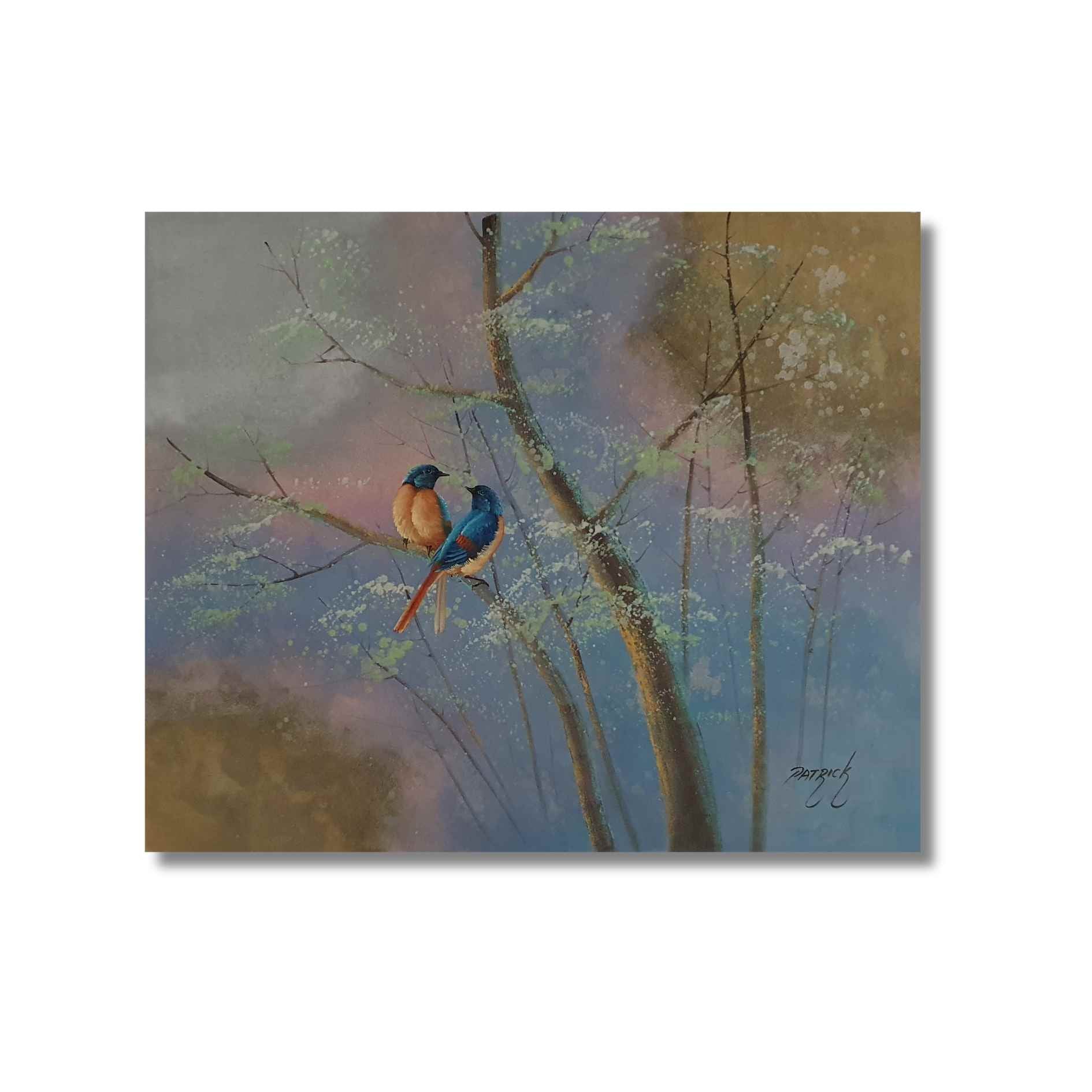 Pintura al oleo con aves en paisaje brumoso