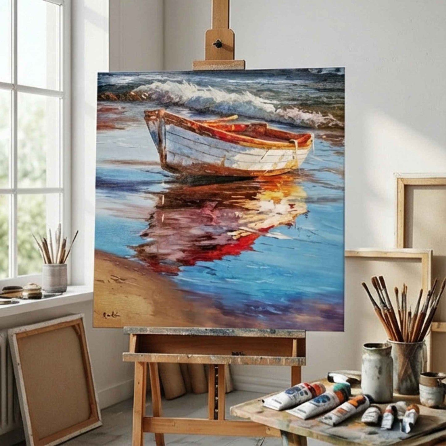 Obra de arte en lienzo con barca sobre la arena y olas