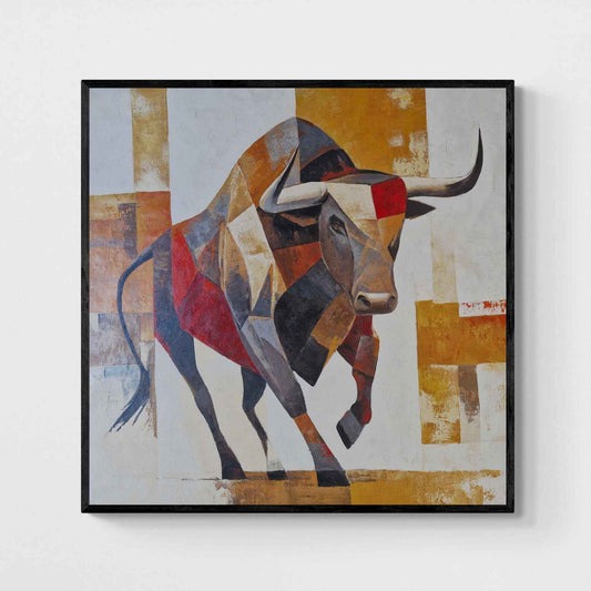 Cuadro de toro geométrico en movimiento pintado a mano