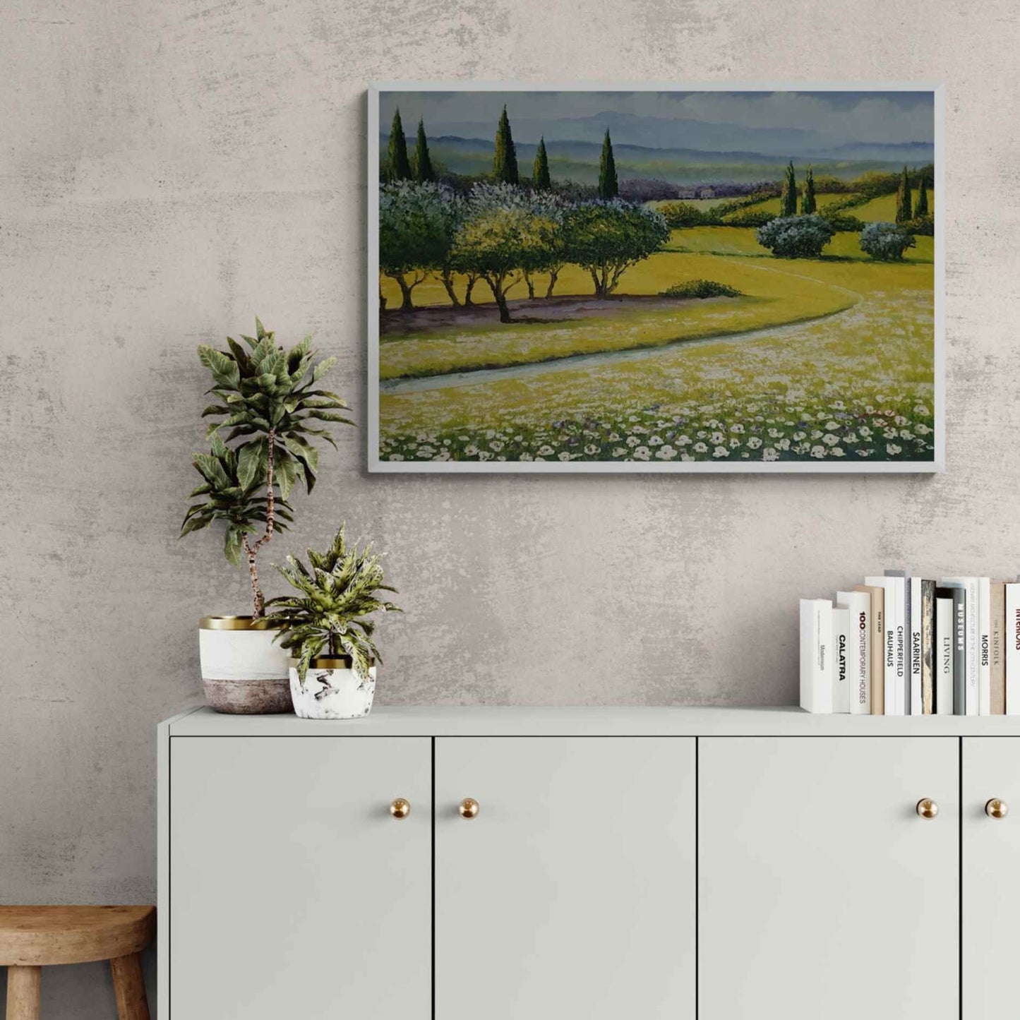 Cuadro al óleo paisaje primaveral toscano