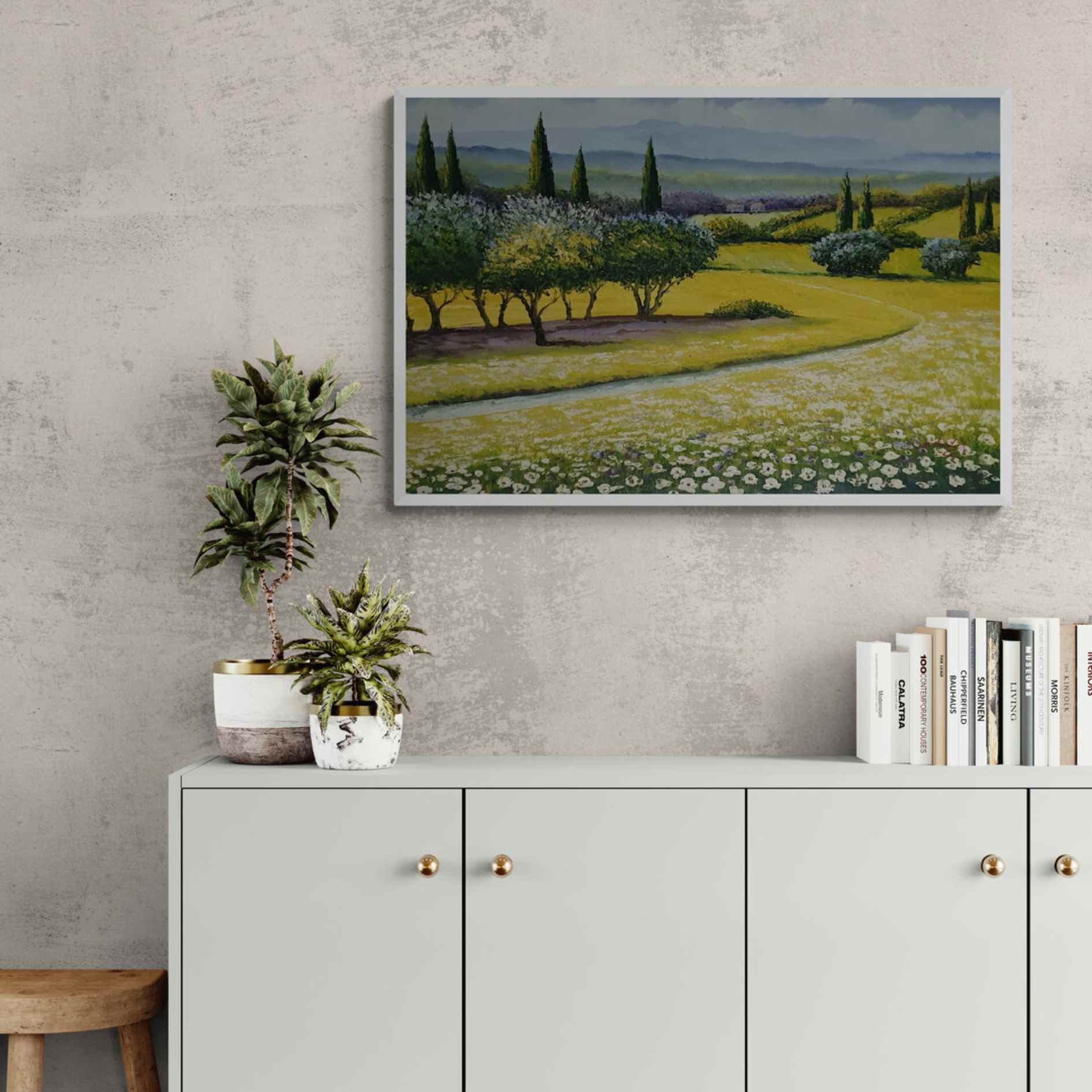 Cuadro al óleo paisaje primaveral toscano