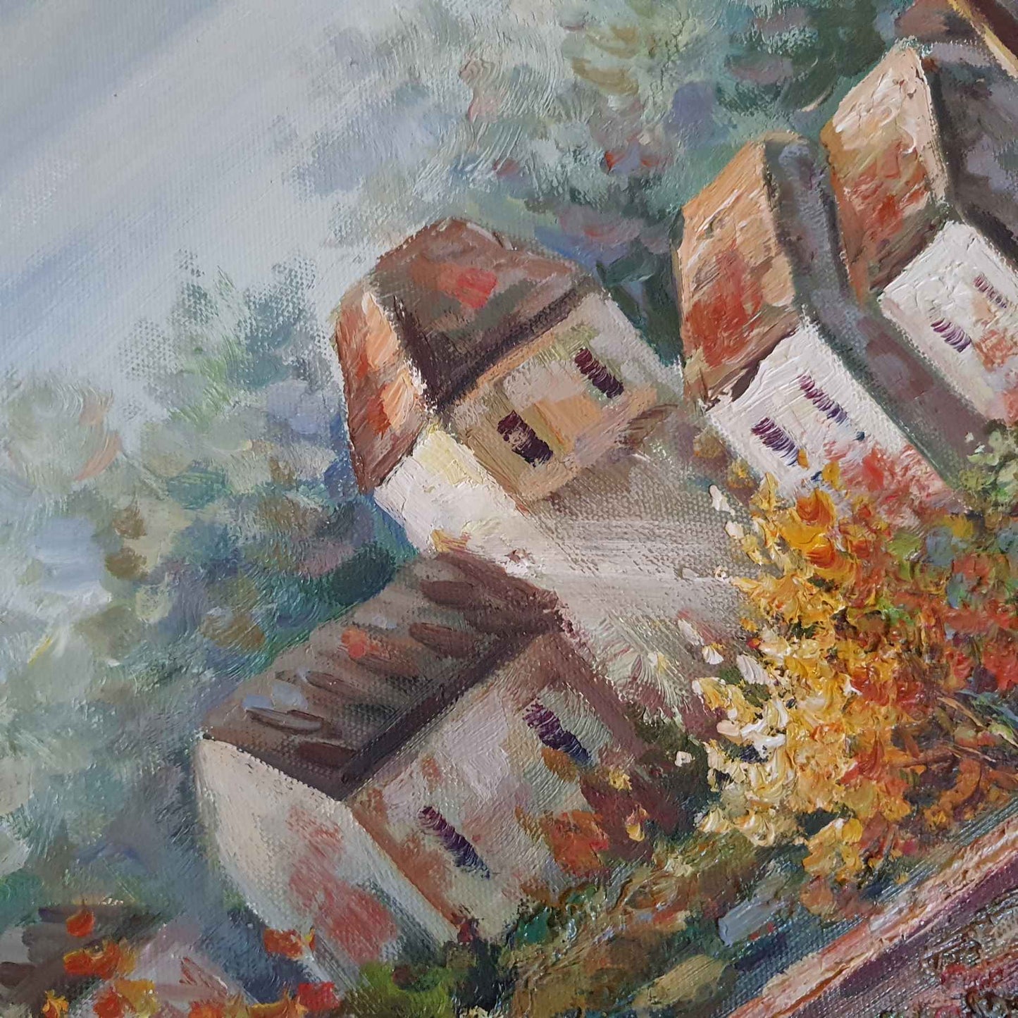 Cuadro decorativo con escena de pueblo en otoño