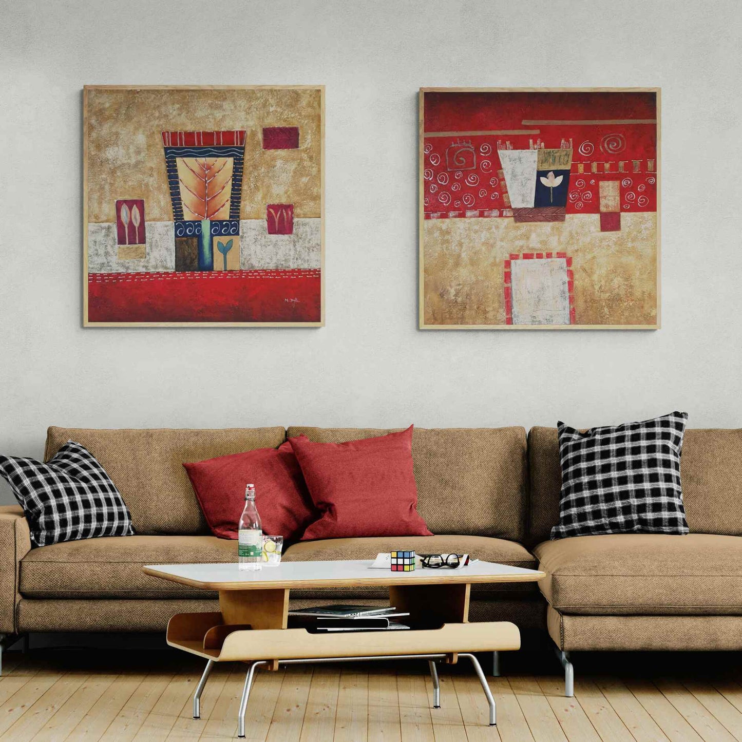 Cuadros modernos al óleo con detalles florales geométricos