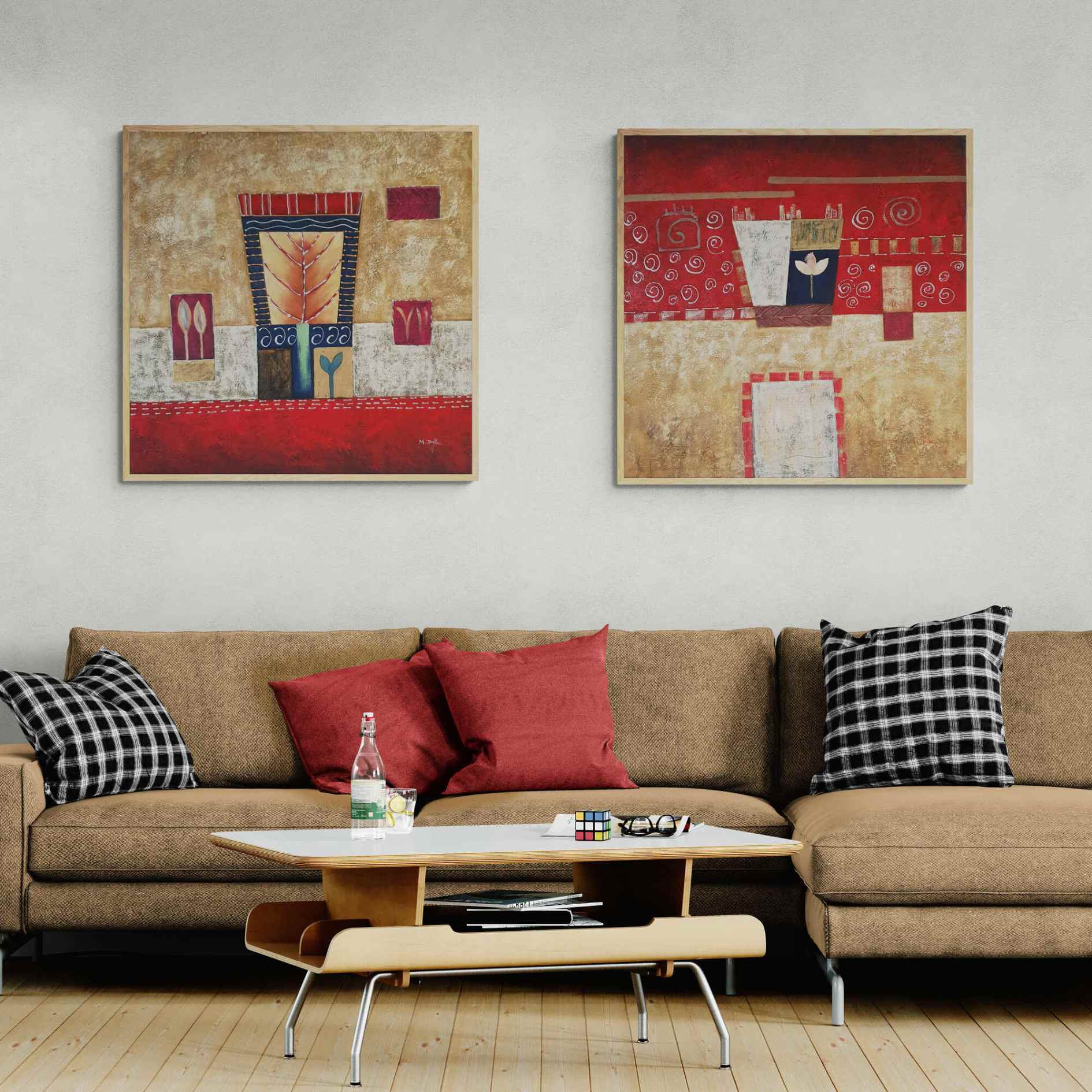 Cuadros modernos al óleo con detalles florales geométricos