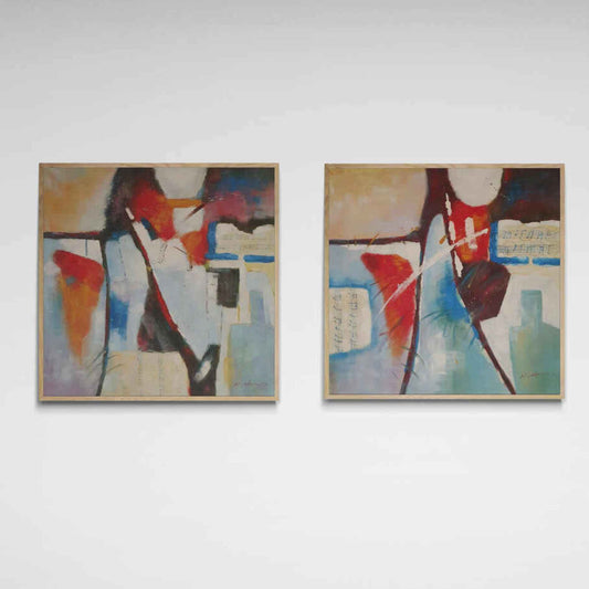 Díptico abstracto rojo y azul pintado a mano al óleo