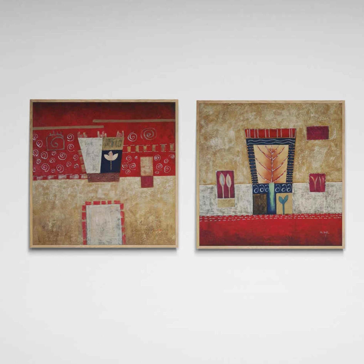 Díptico pintado a mano con motivos abstractos en tonos tierra