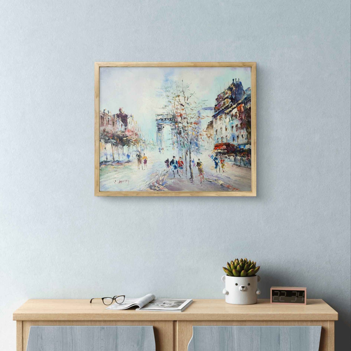 Cuadro decorativo moderno con escena de París y el Arco de Triunfo, ideal para entradas y pasillos