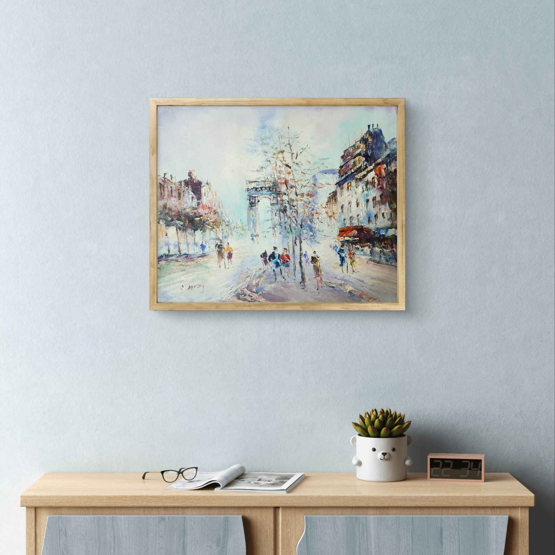 Cuadro decorativo moderno con escena de París y el Arco de Triunfo, ideal para entradas y pasillos