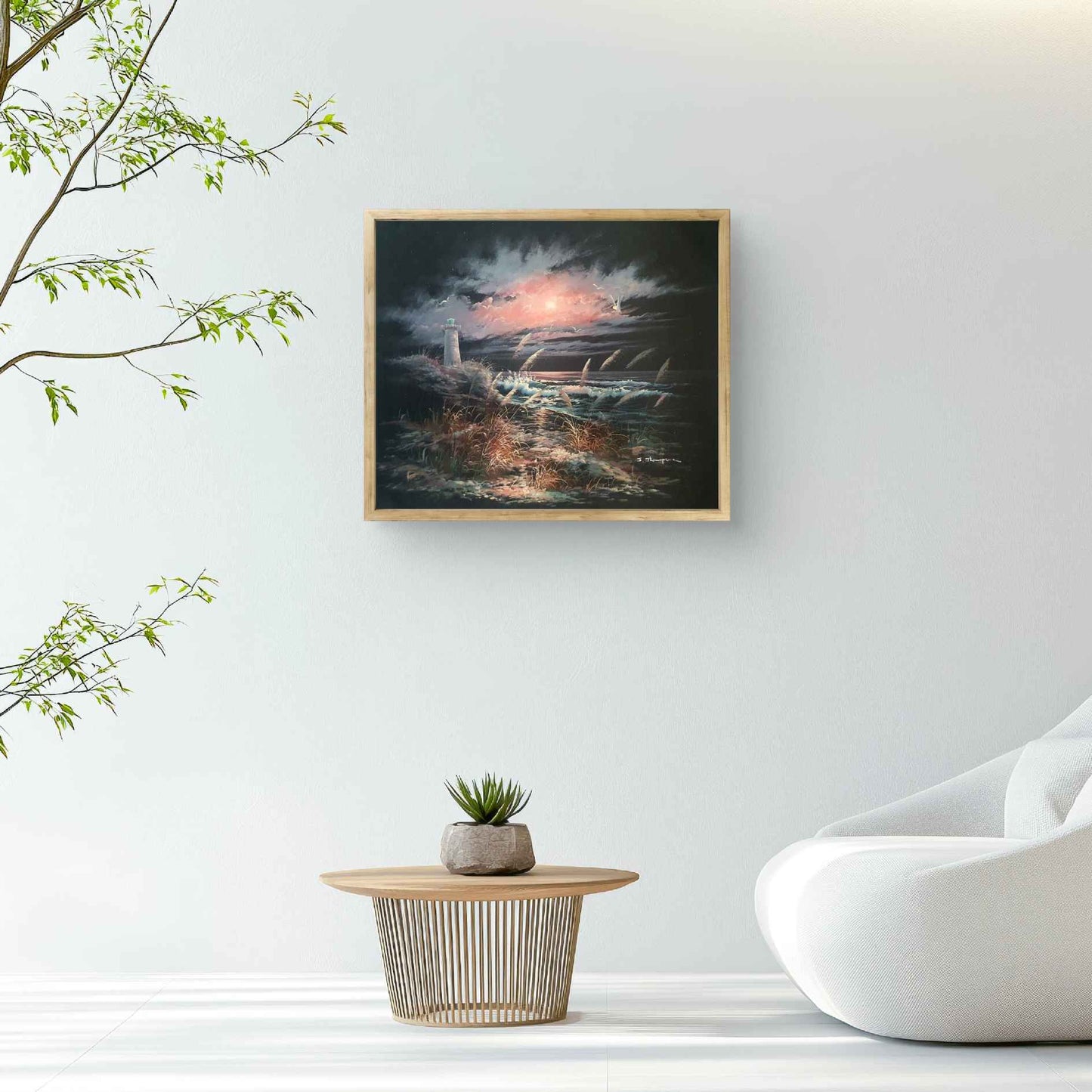 Cuadro decorativo moderno con escena de mar revuelto y faro, ideal para entradas y pasillos