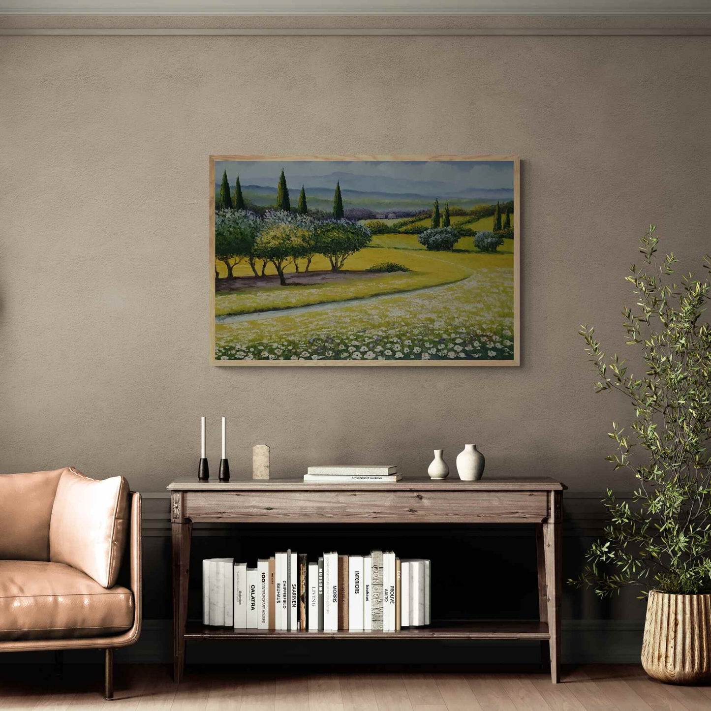 Obra de arte Toscana con campo y flores blancas