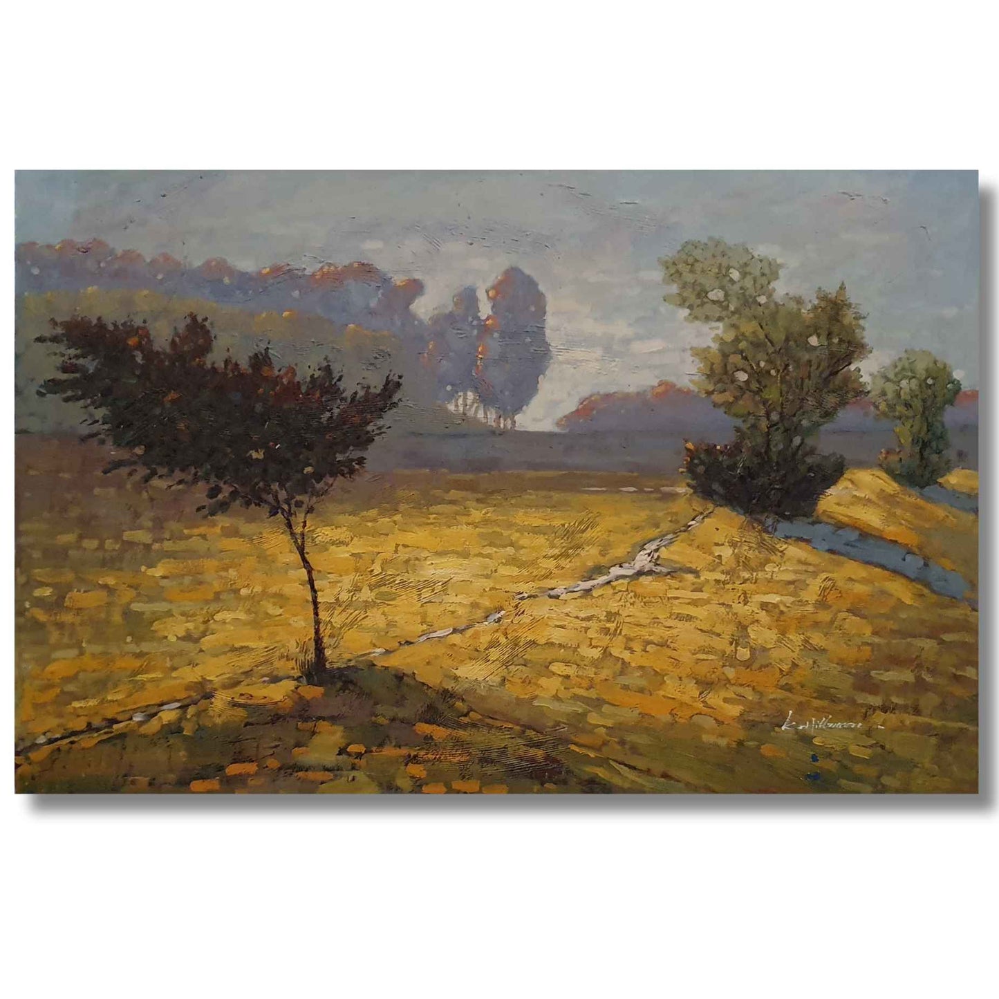 Arte decorativo al oleo con arboles y cielo suave