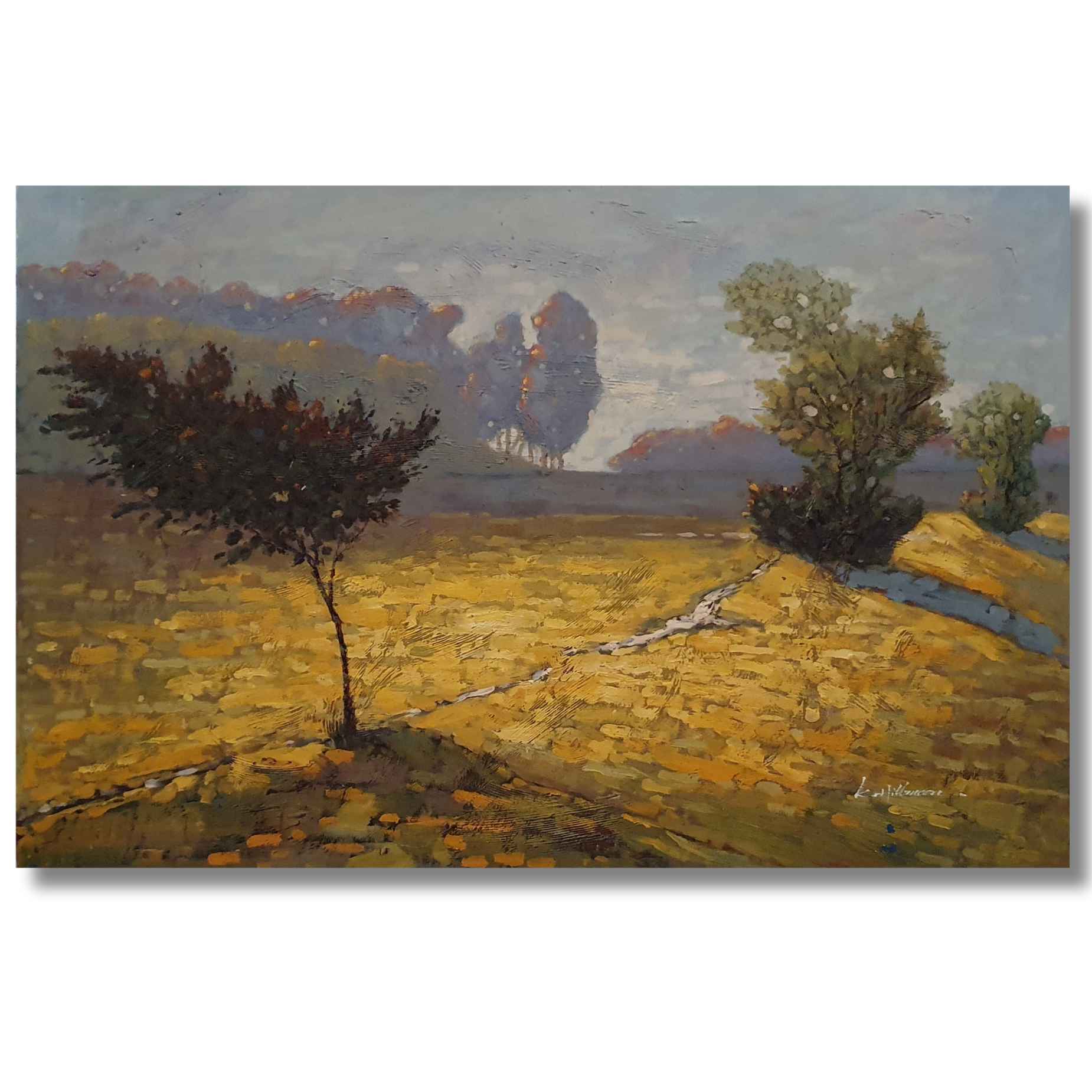 Arte decorativo al oleo con arboles y cielo suave