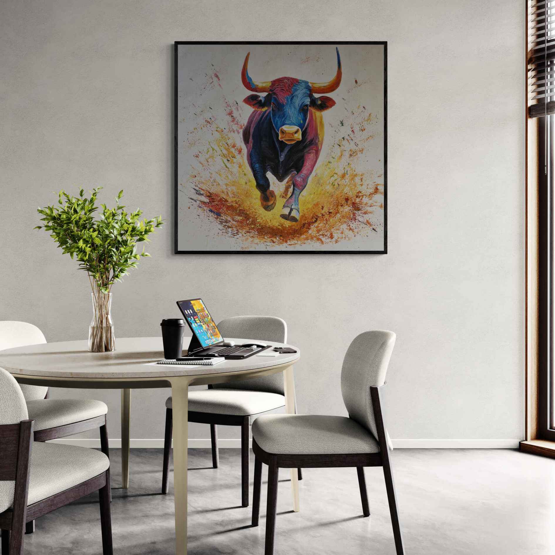 Lienzo artistico con toro multicolor pintado a mano