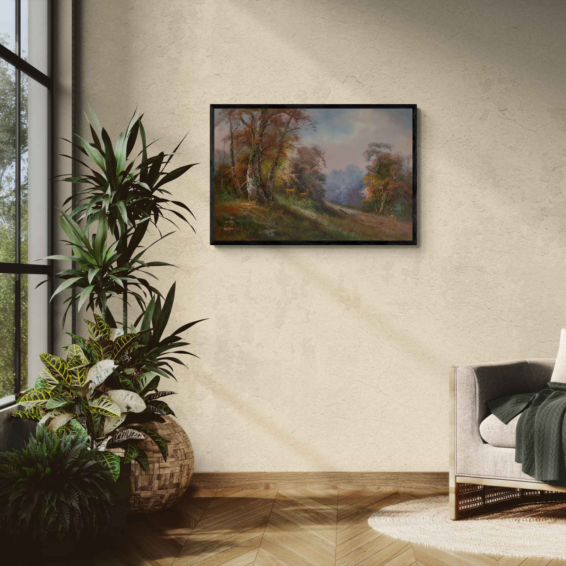 Lienzo decorativo con bosque y ciervos