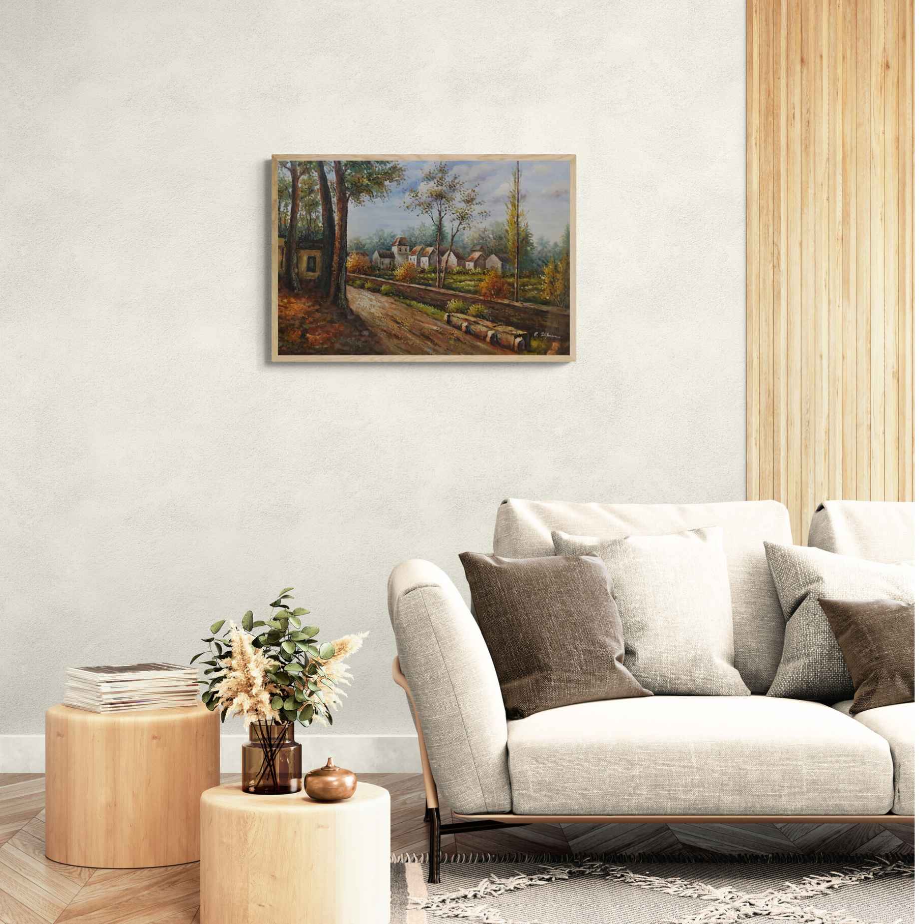 Pintura al óleo con camino forestal y vegetación