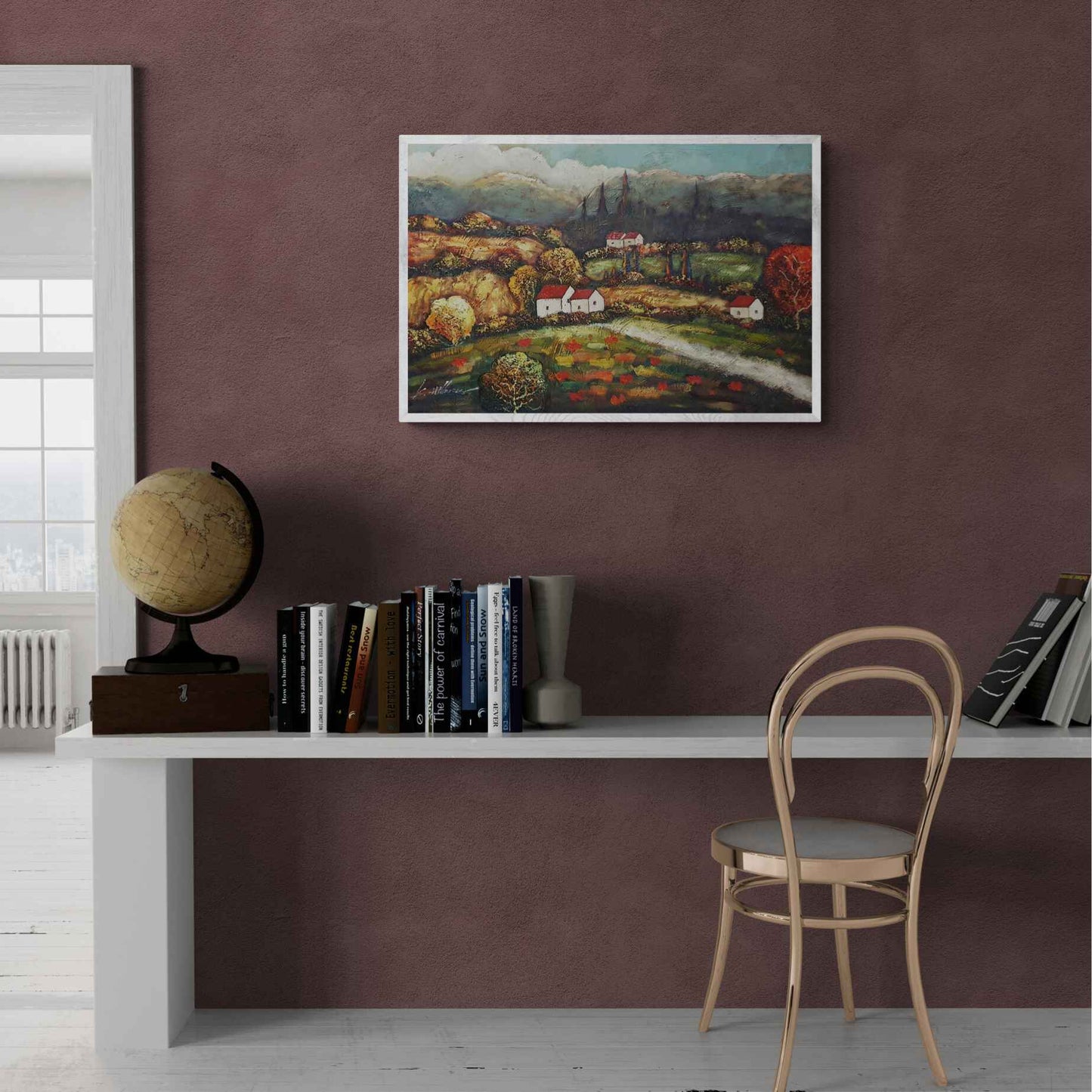 Obra decorativa con camino rural y tejados rojos