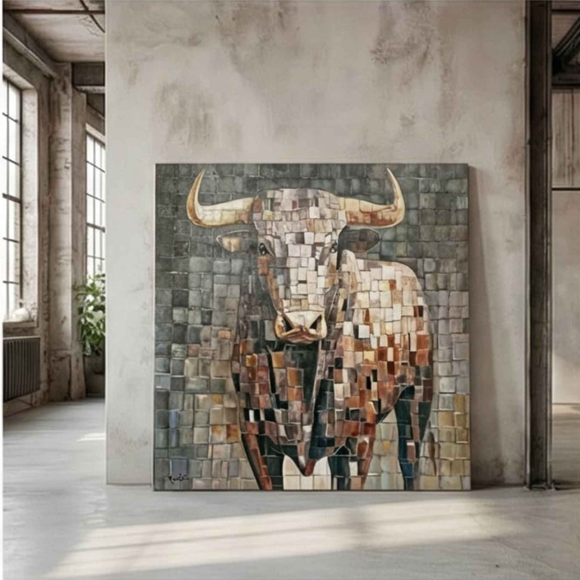 Obra decorativa premium de toro con fondo geométrico