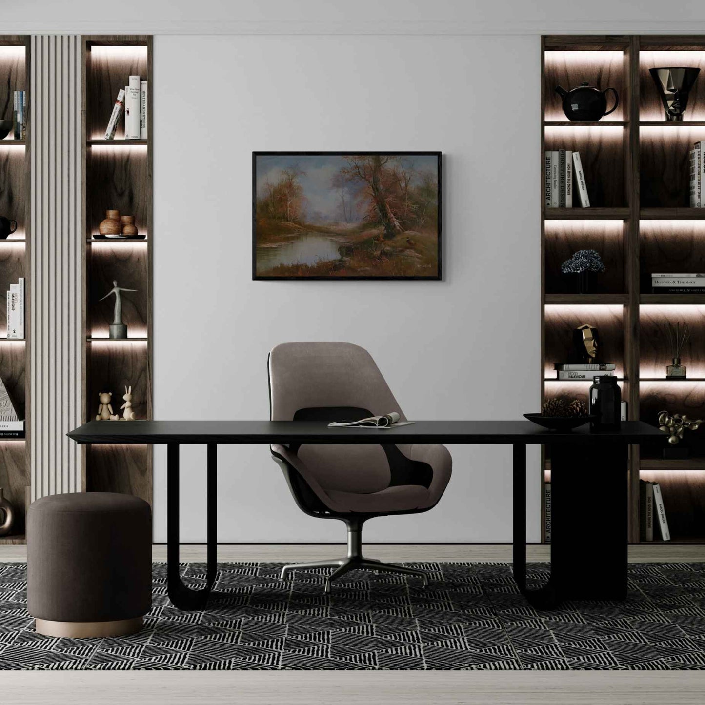 Pintura decorativa con tonos tierra y aves silvestres