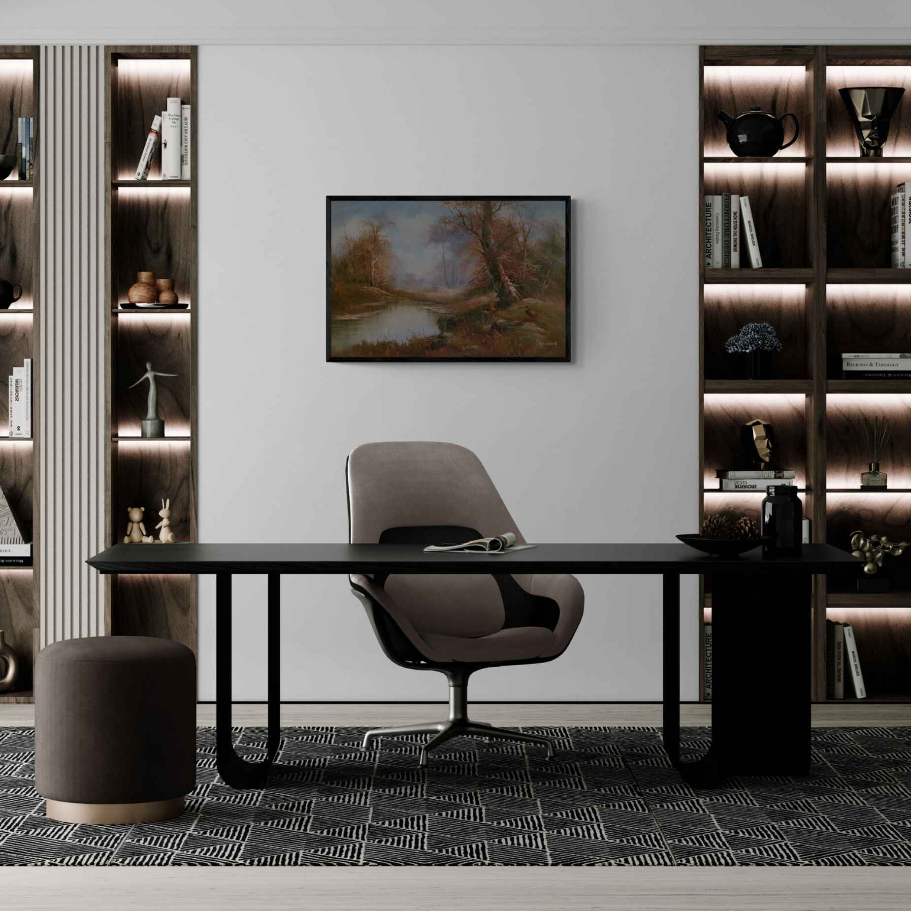 Pintura decorativa con tonos tierra y aves silvestres