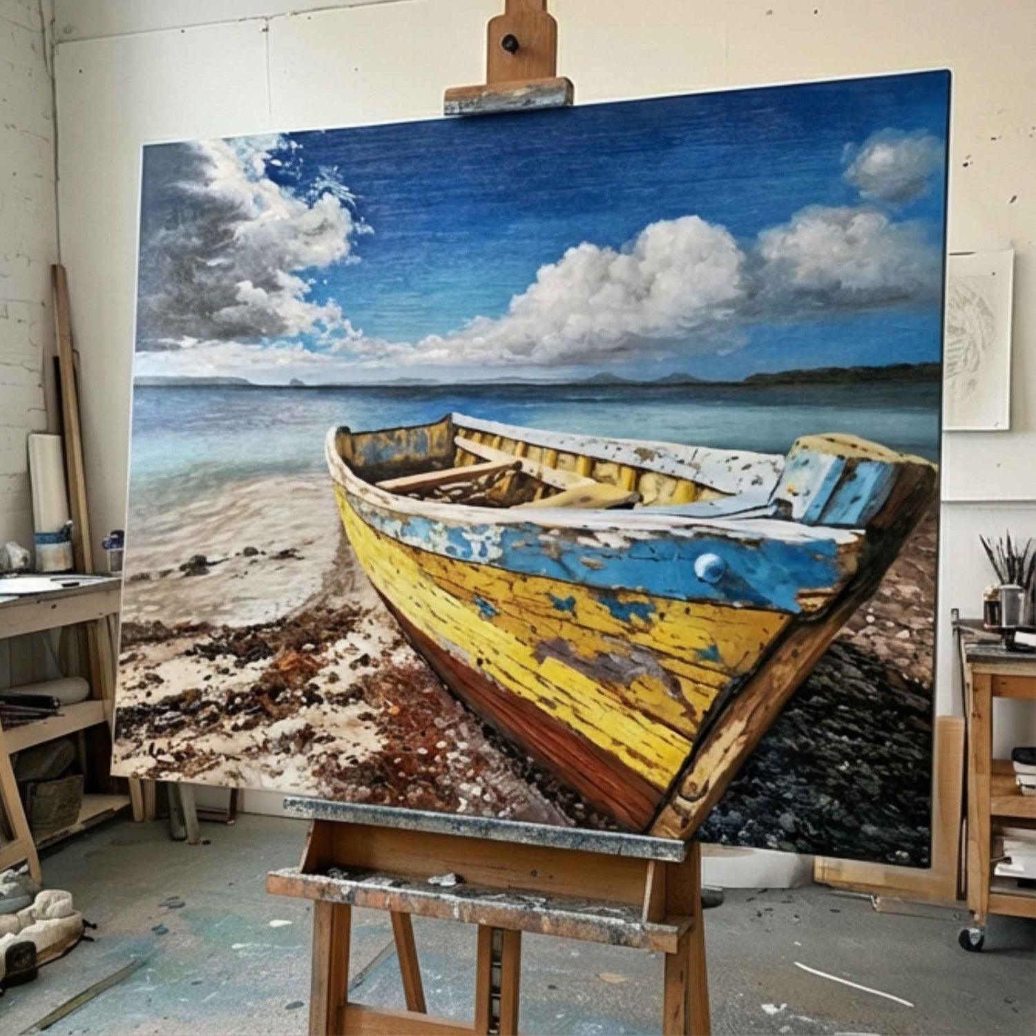 Lienzo artístico de barca amarilla en playa