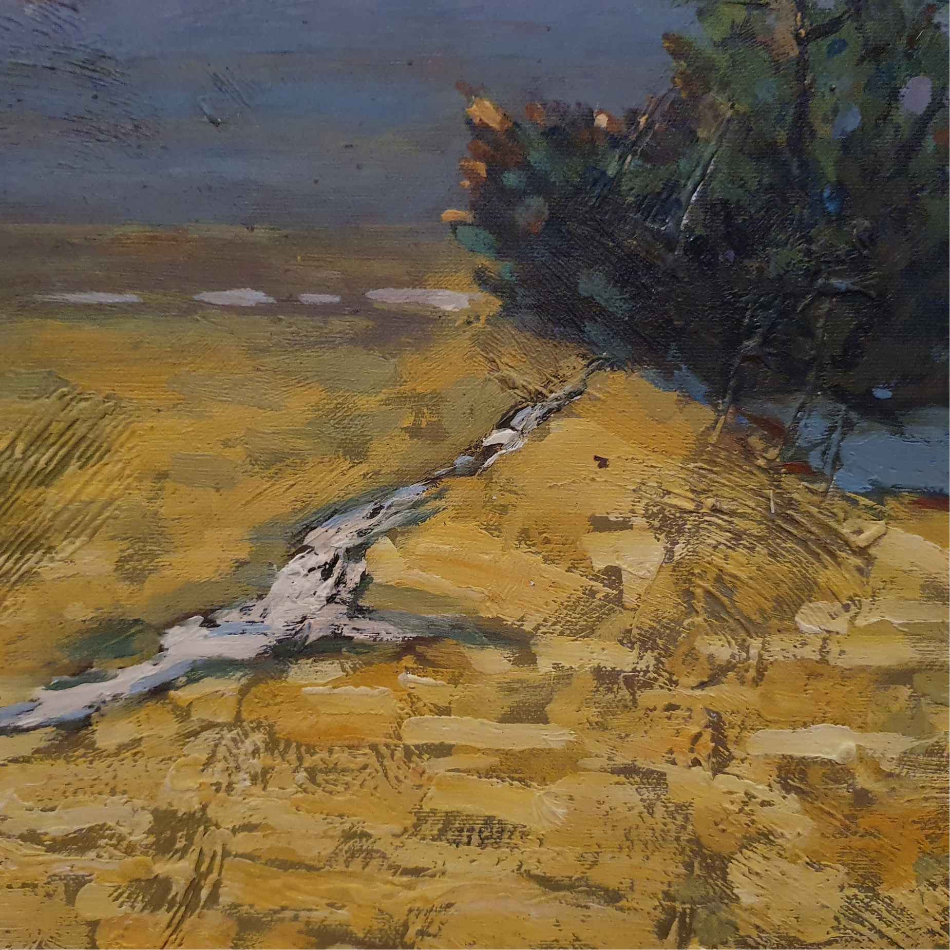 Obra de paisaje con textura y colores calidos