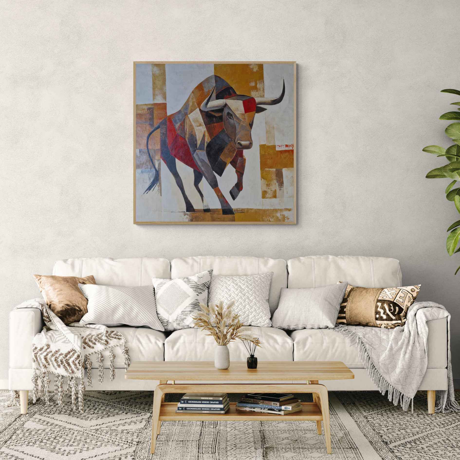 Pintura de toro en posición desafiante en tonos cálidos