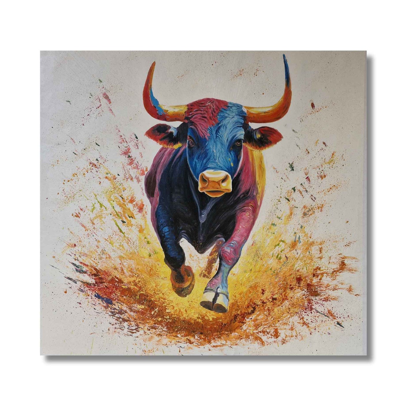 Obra de arte contemporáneo con toro corriendo y fondo texturizado