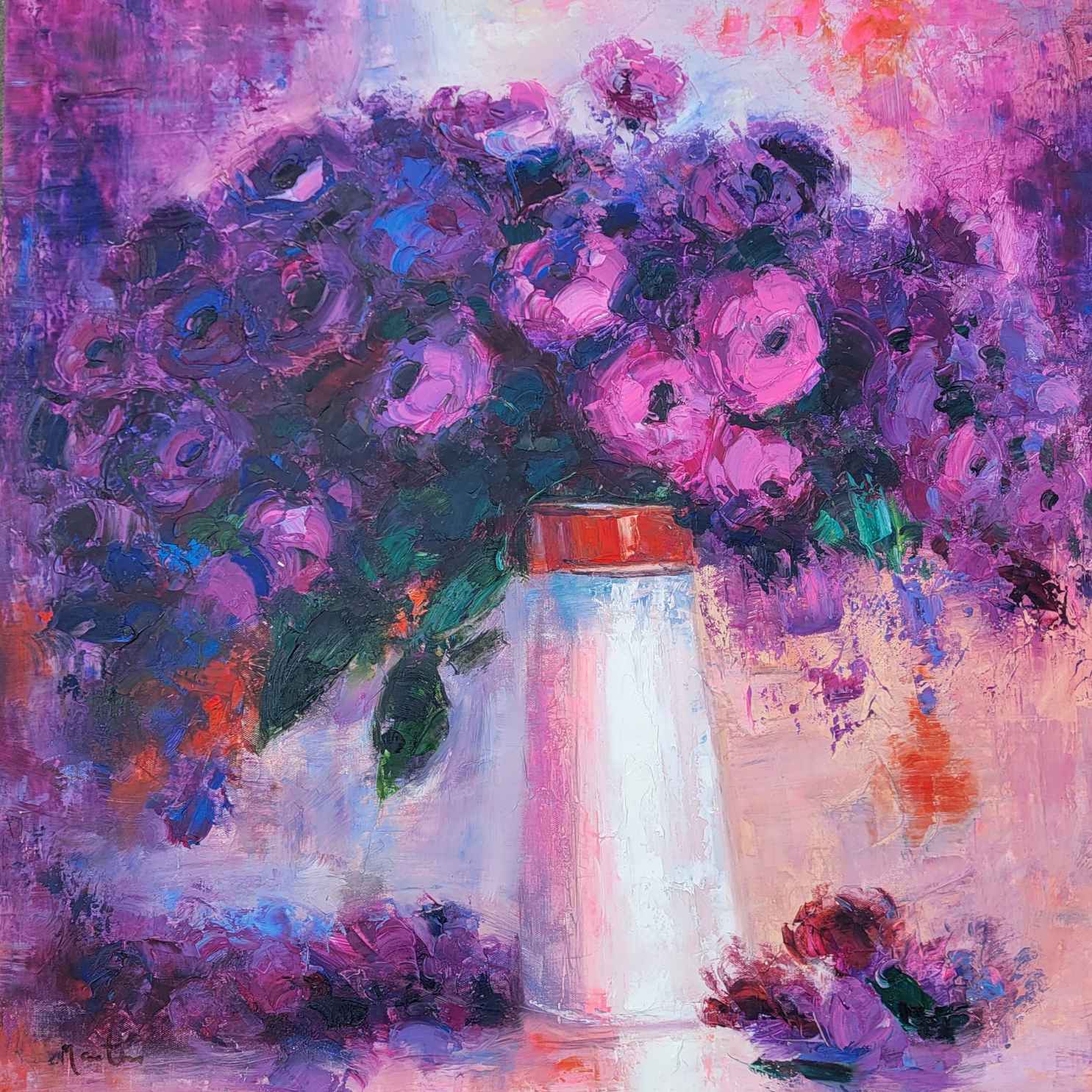 Pintura Jarrón Violetas 90x90 cm