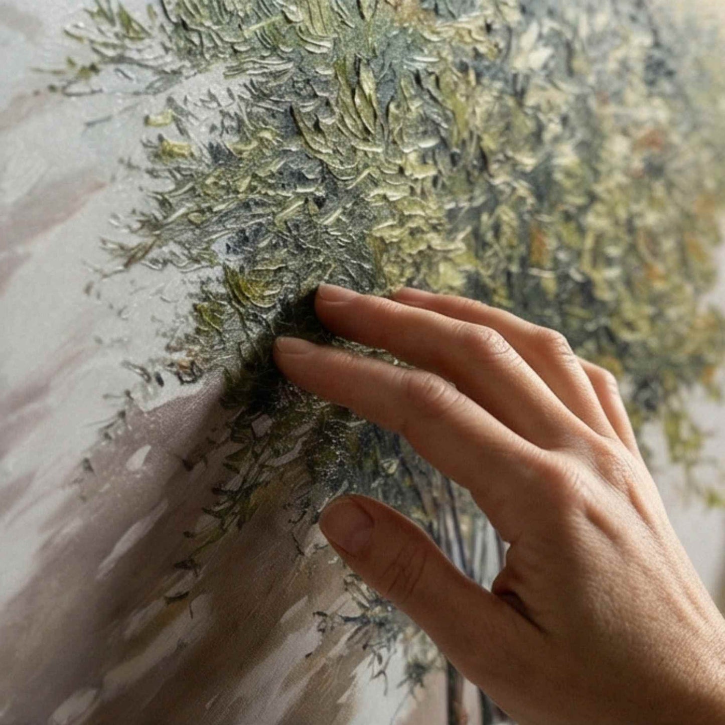 Pintura al oleo de patio mediterraneo con macetas y plantas