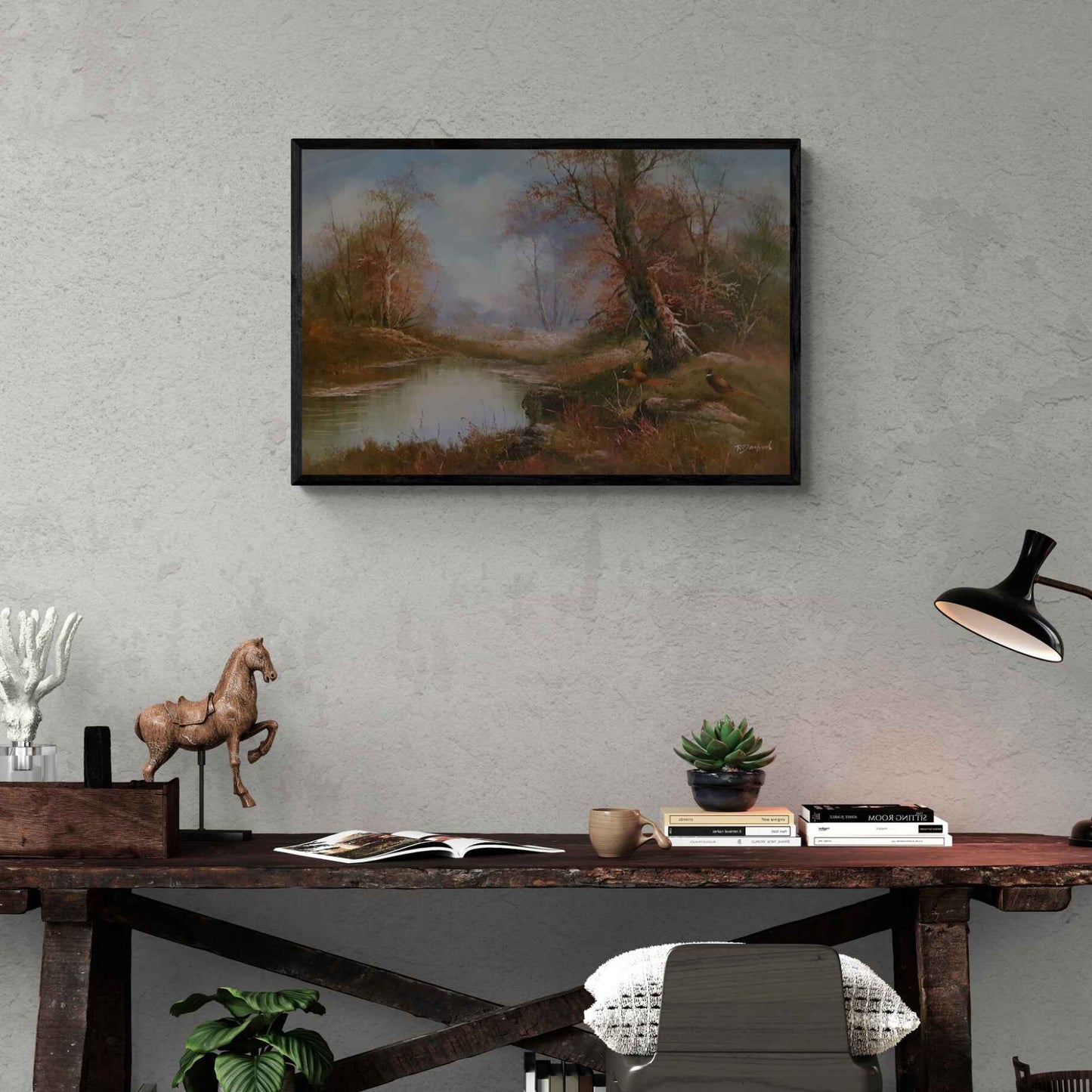 Obra de arte con árboles en otoño junto a un río