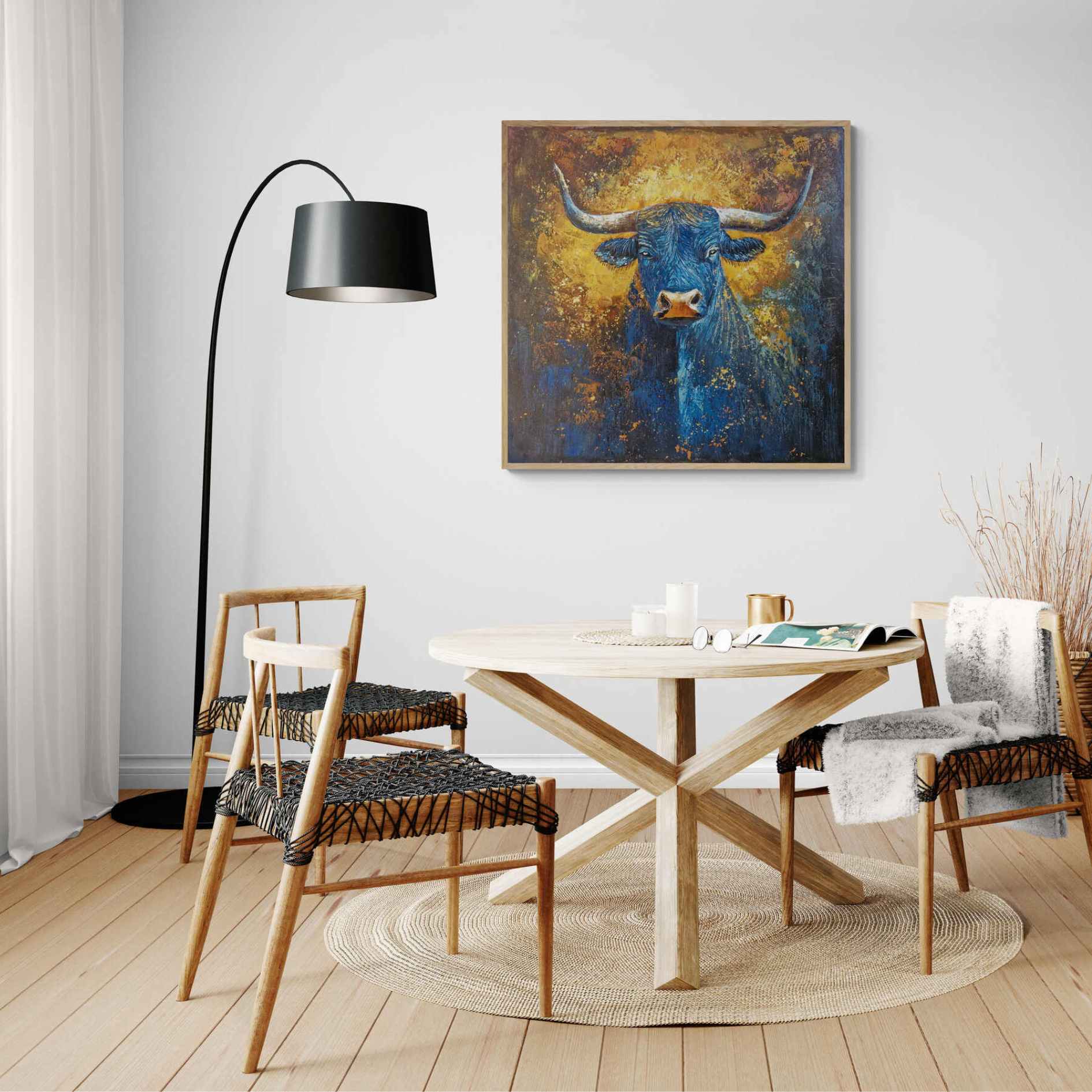 Pintura artística de toro con colores intensos