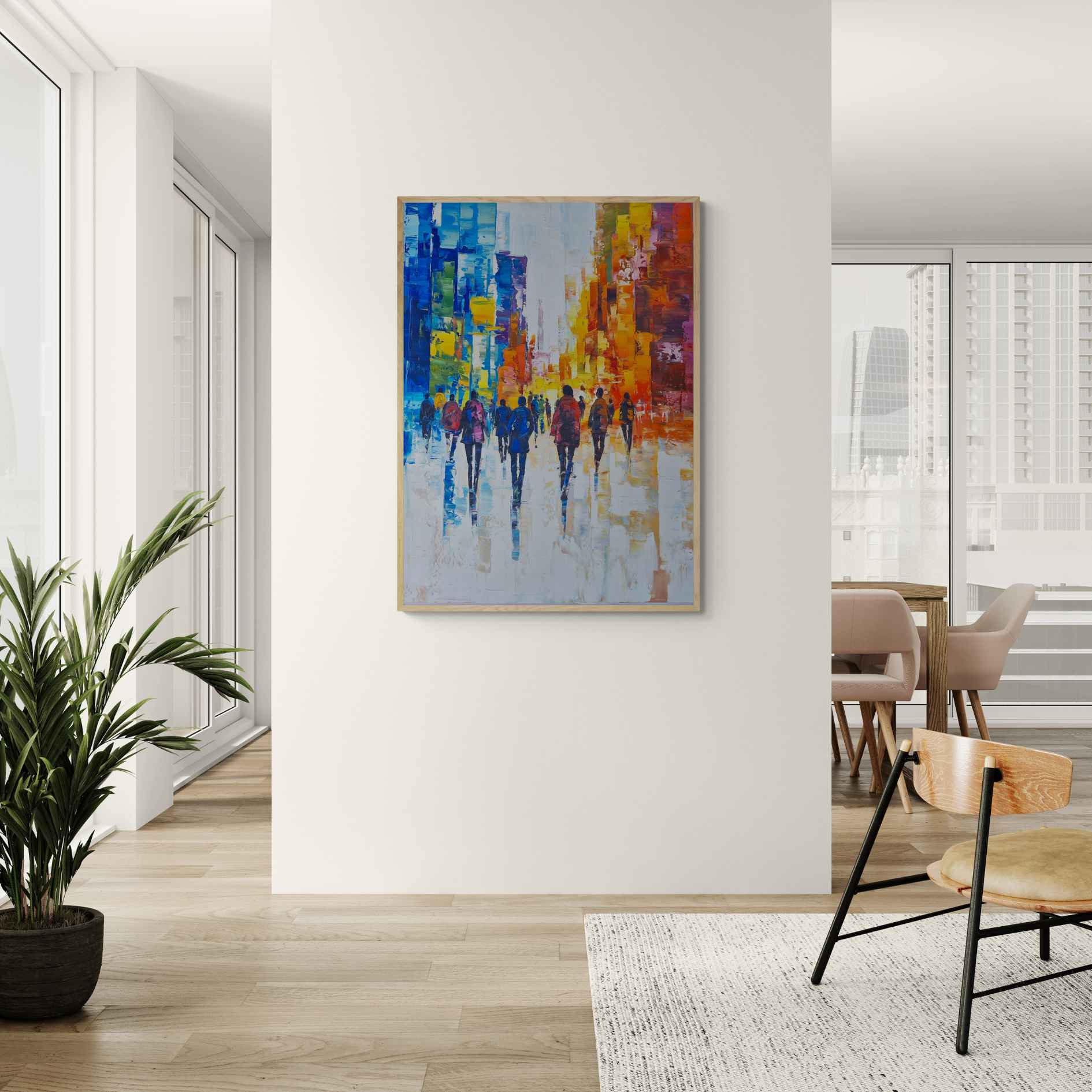 Dale vida a tu espacio con esta pintura urbana de colores vibrantes. Cuadro original en óleo listo para colgar, ¡envío gratuito en Europa!